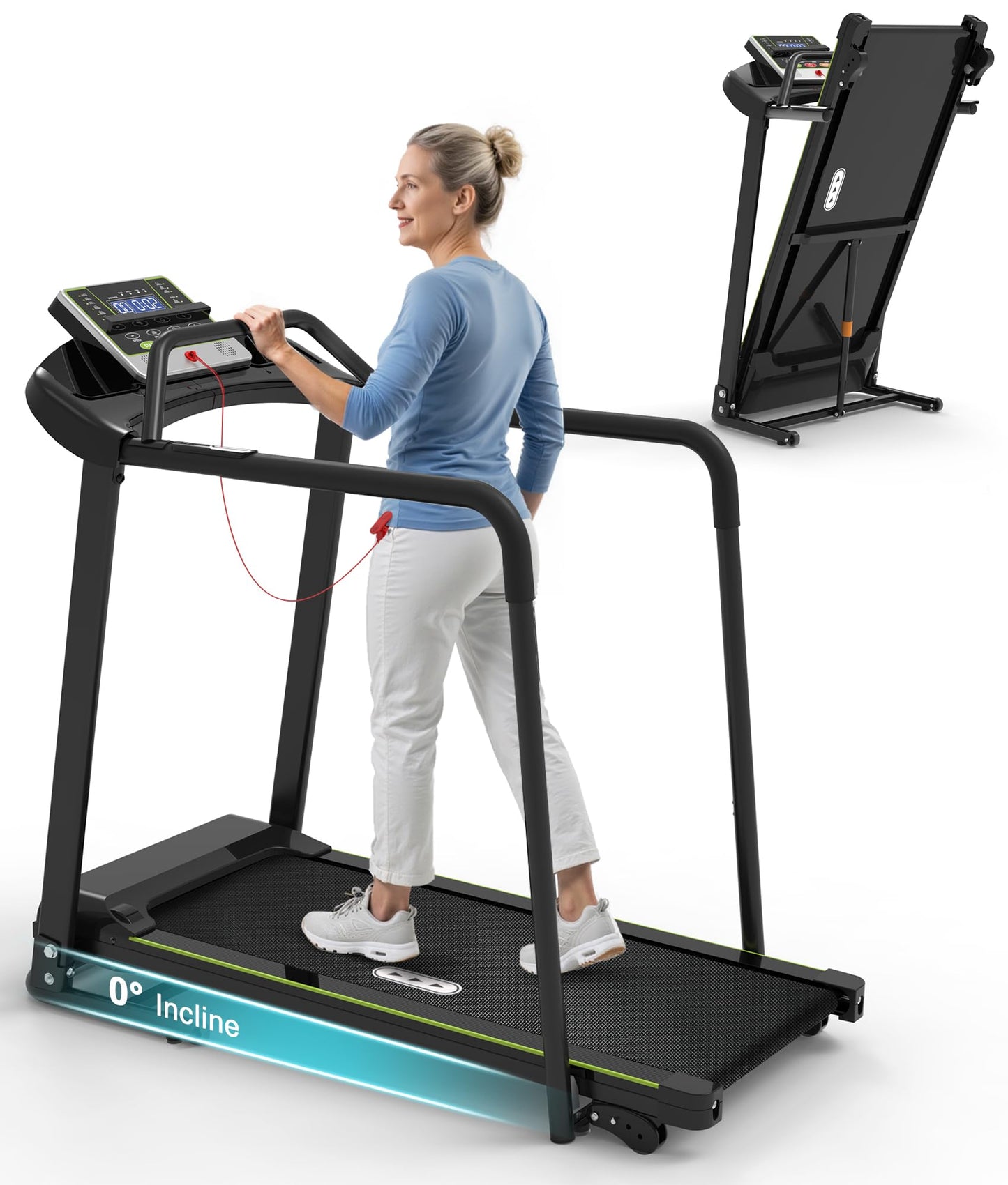 Redliro Treadmill for Seniors Slow Walking - 0.3mph Start, Front & Long Handrails - Foldable Recovery Flat Treadmill for Elderly, Auto Lubrication, 3-Level Incline for Home Use