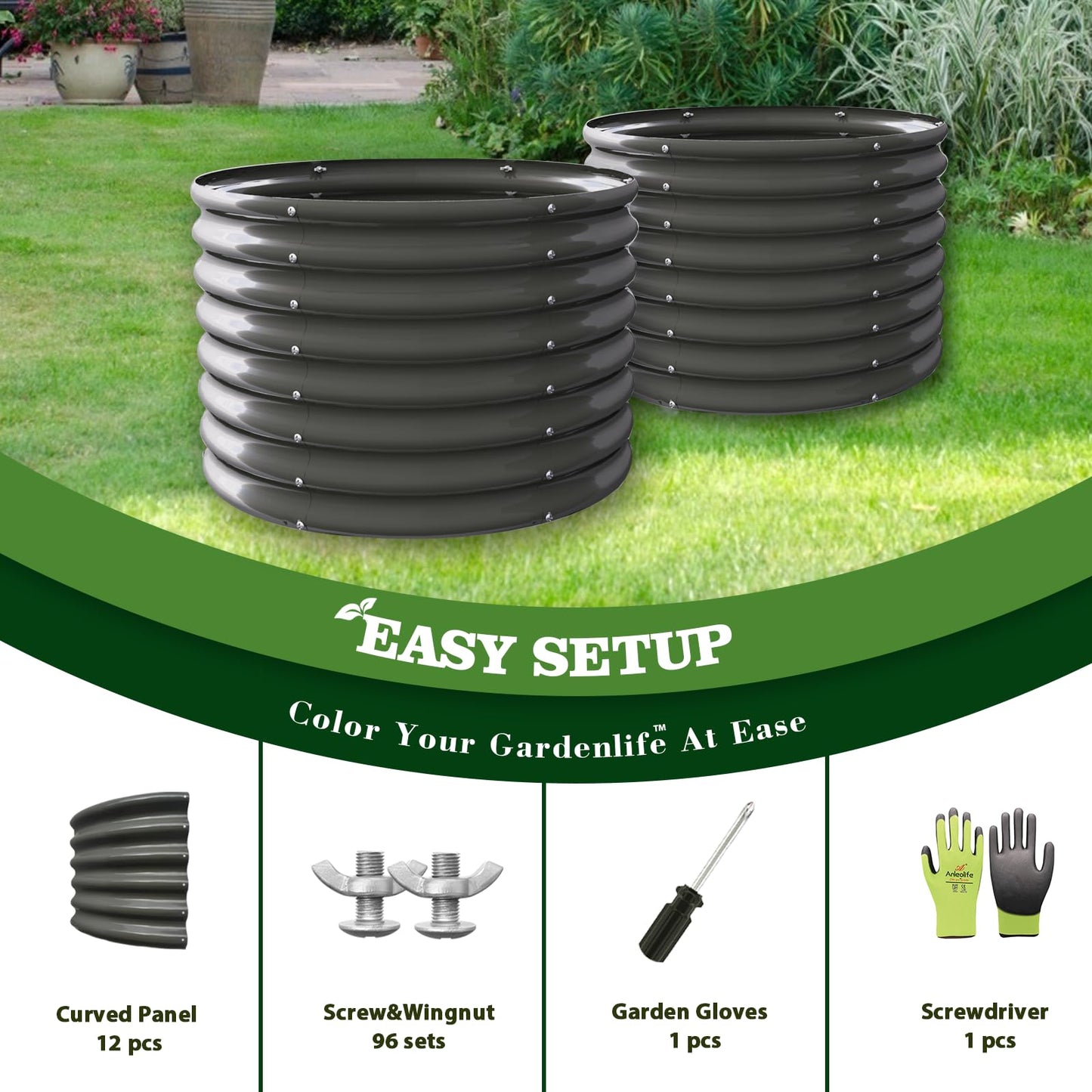 A ANLEOLIFE 2-Pack 3ft x 24” Tall Galvanized Raised Garden Beds Outdoor, Round Metal Planter Box for Planting Vegetables Flowers Herb, Anti-Rust & Easy-Setup, Quartz Grey
