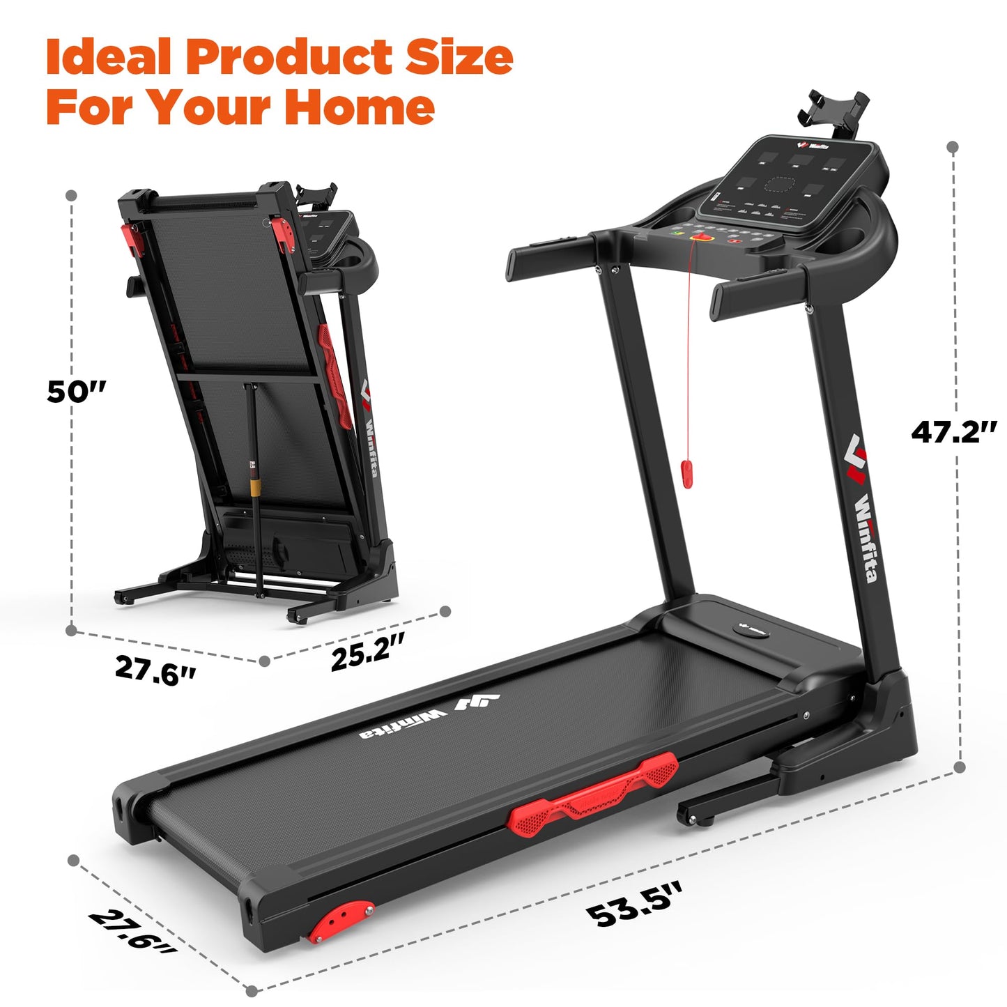 Winfita 3.5HP Folding Treadmills for Home with Incline, 300 lbs Capacity, 8.0 MPH Speed, 17'' Wide Belt, App, 64 Programs, Pause Function, BMI Detector for Home Use
