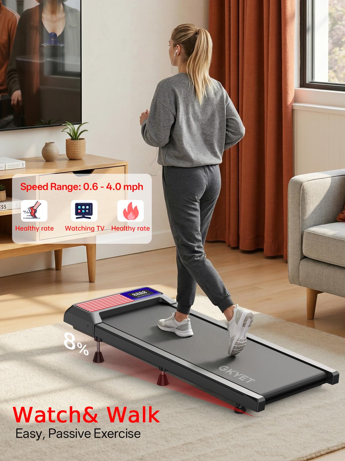 Walking Treadmill Pad with 8% Incline for Home, Under Desk Treadmill for Home Office, 2.5HP Quiet Portable Walking Mat, 265 lbs Capacity, Compact Treadmill for Small Spaces with 15" x 35.4" Belt