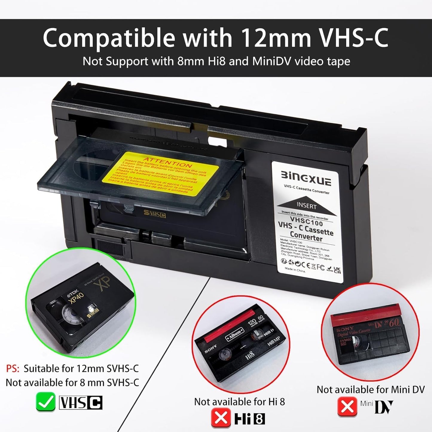 Bingxue Cassette Cassette VHS-C Tape Adapter for Camcorders Motorized VHS VHS-C to VHS Ideal for VCR Player, Video