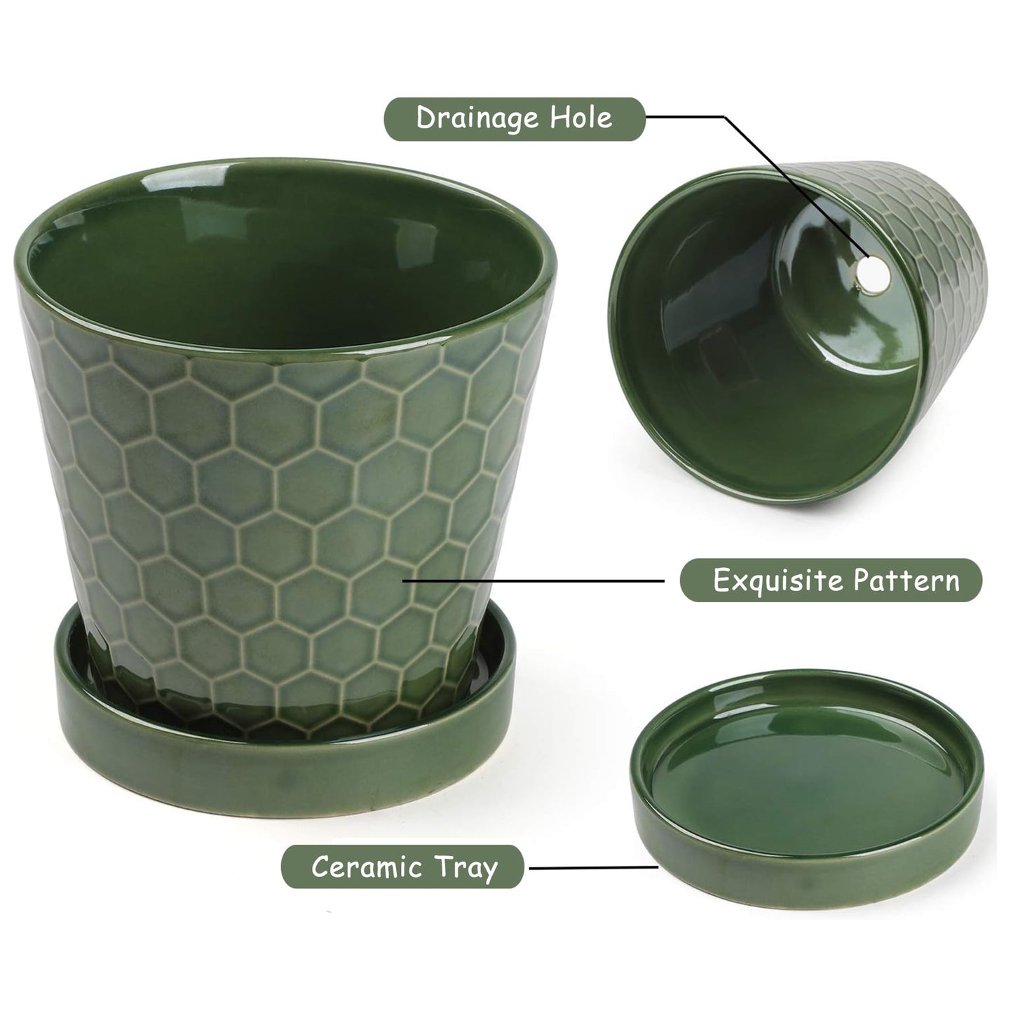 Ceramic Plant Pots,4+5+6 Inch Pots for Indoor Plants,Planters with Drainage Holes and Ceramic Tray, Indoor Flower Pots Gardening Home Desktop Office Windowsill Decoration Gift,Set of 3 (Patina)
