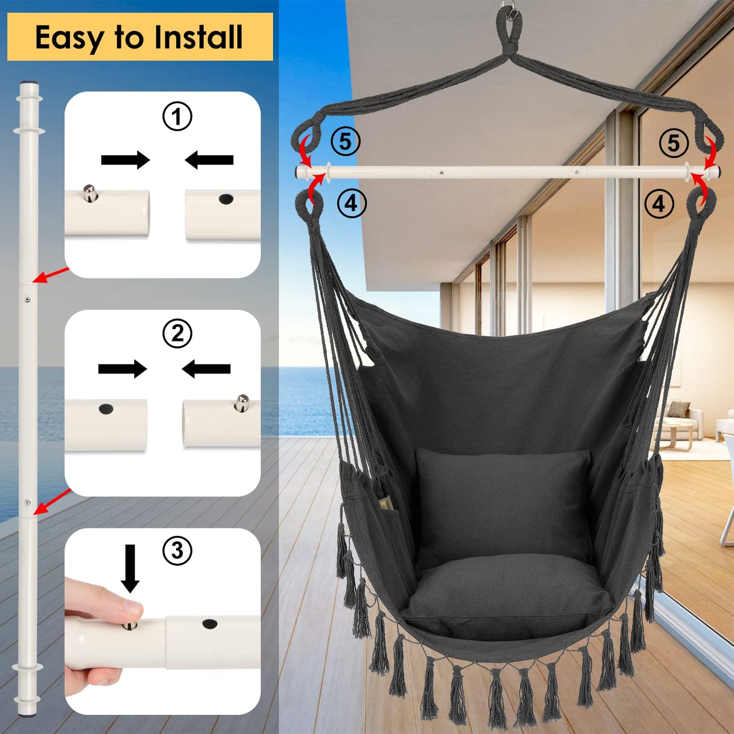 Y- STOP Hammock Chair Hanging Rope Swing, Max 500 Lbs, 2 Cushions Included, Large Macrame Hanging Chair with Pocket, Cotton Weave for Superior Comfort, Durability (Dark Grey)