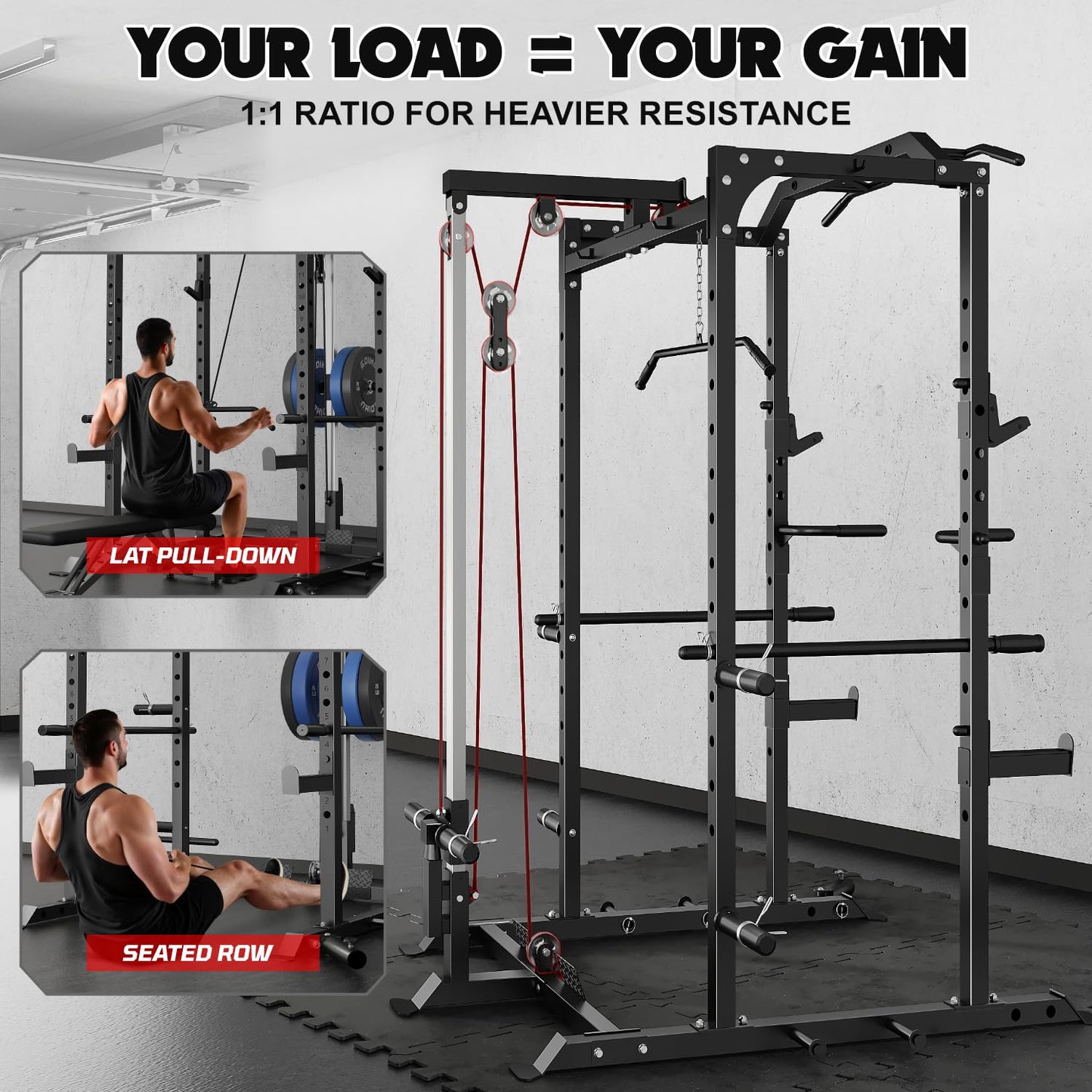 Goimu C1-V4 Power Cage, 2000LBS Squat Rack with LAT Pulldown, Multi-Function Weight Cage Strength Training Machine, Workout Cage with More Attachments for Home Gym Garage (BK C1-V4)