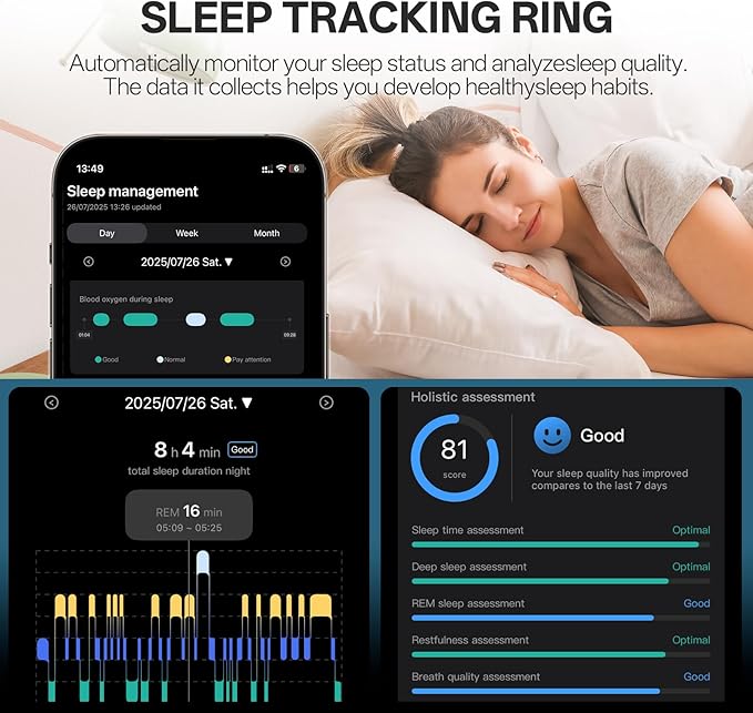 Smart Ring with Vibration Alerts, health tracker ring with Body Temperature Monitor, Heart Rate, Sleep & Fitness Tracking, Waterproof Activity Ring for Men & Women, No App Fees (Rose Gold, 7#)