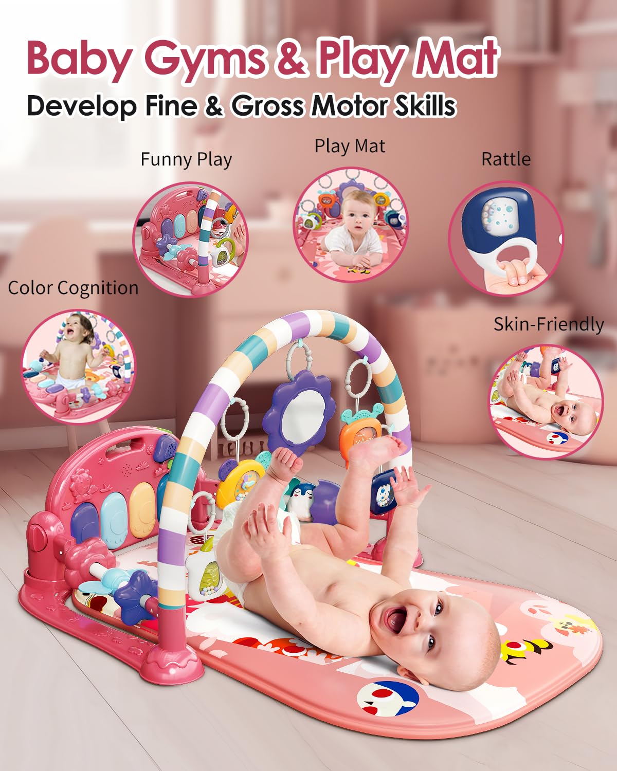 dearlomum Baby Play Mat Gym, Funny Play Piano Tummy Time Activity Mat with 5 Infant Sensory Toys, Music and Lights, Boy & Girl Gifts for Newborns 0 to 3 6 9 12 Months (Pink)