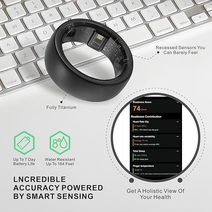 Smart Ring, Activity Trackers, Sleep Ring, Fitness Tracking, Stress Tracker, Heart Rate, Meditation, Temperature, Respiratory, No App Subscription, Women, Men, iOS, Android (Black, 12)