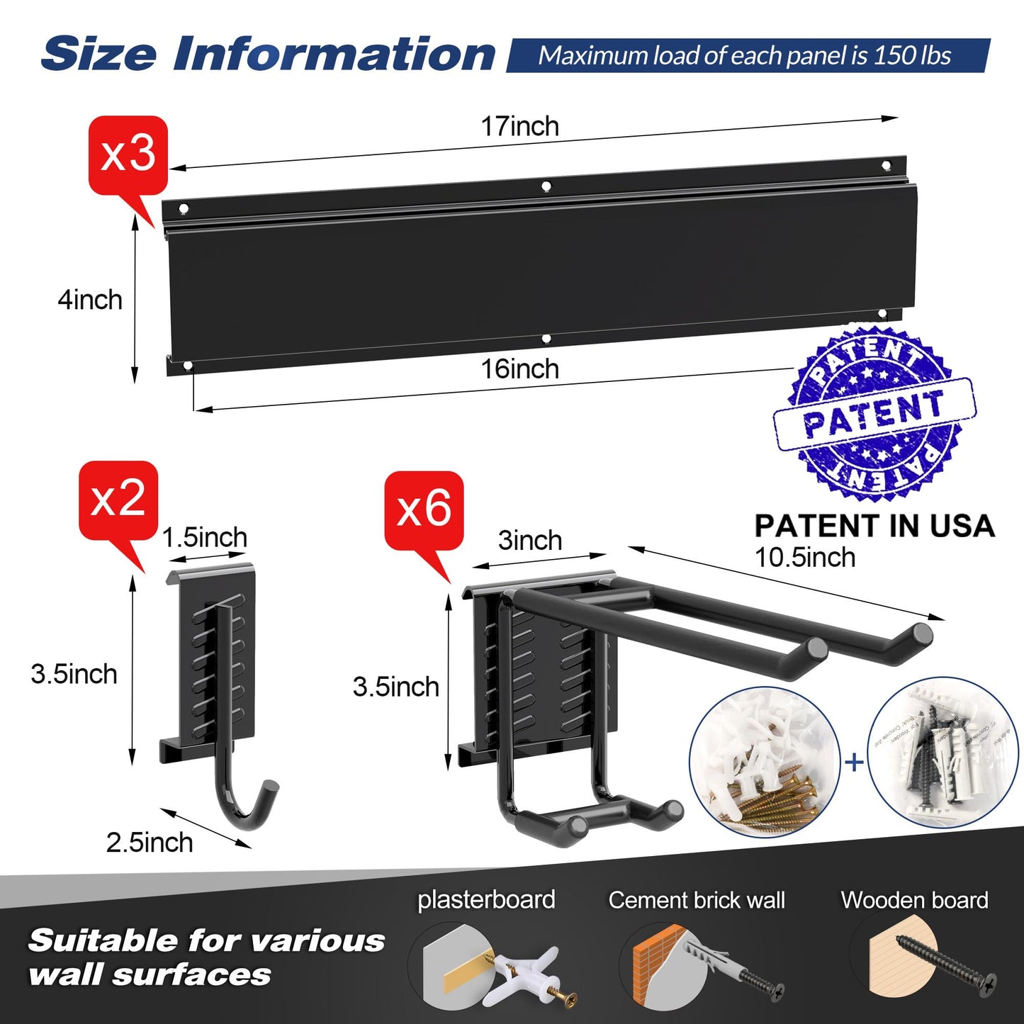 Storaboks Heavy Duty Garage Storage Rack System, Wall Mounted Tool Organizer with 8 Double Hooks, 3 Rails, Garden Yard Tools Hanger for Ski Gears, Broom, Rake, Shovel