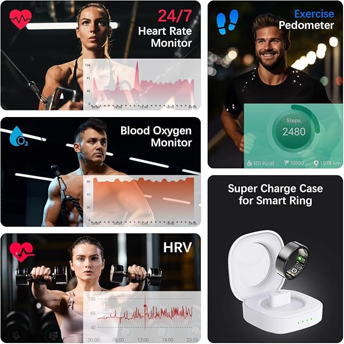 Health Tracker Ring, Smart Health Ring for Women Men with Heart Rate, Blood Oxygen, Sleep Monitor, Steps,Calories, No Subscription Fee, IP68 Waterproof Smart Ring for iPhone & Android (Black, 12)