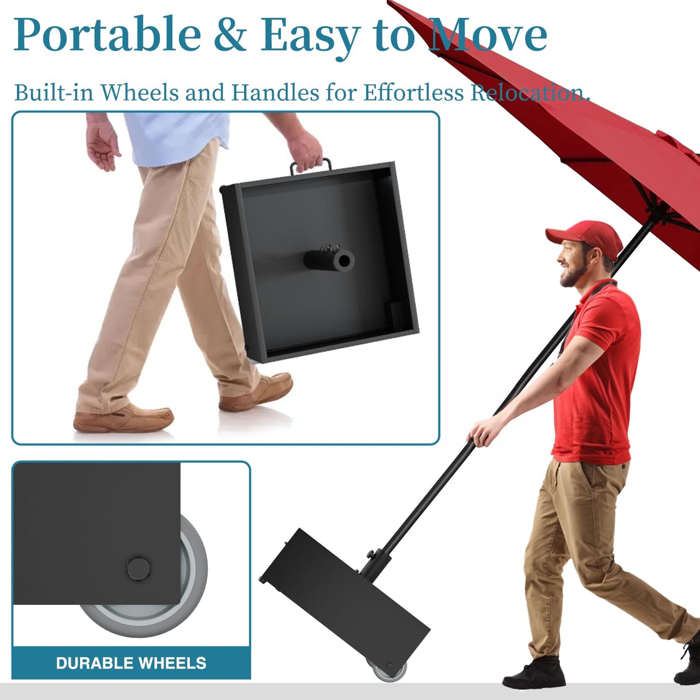 Heavy-Duty Umbrella Base with Wheels,150lb Capacity Fillable Planter Umbrella Stand, Rust-proof Steel Umbrella Holder with Handle & Anti-Collapse Pads, for Outdoor, Patio, Garden, Deck, Poolside, Lawn