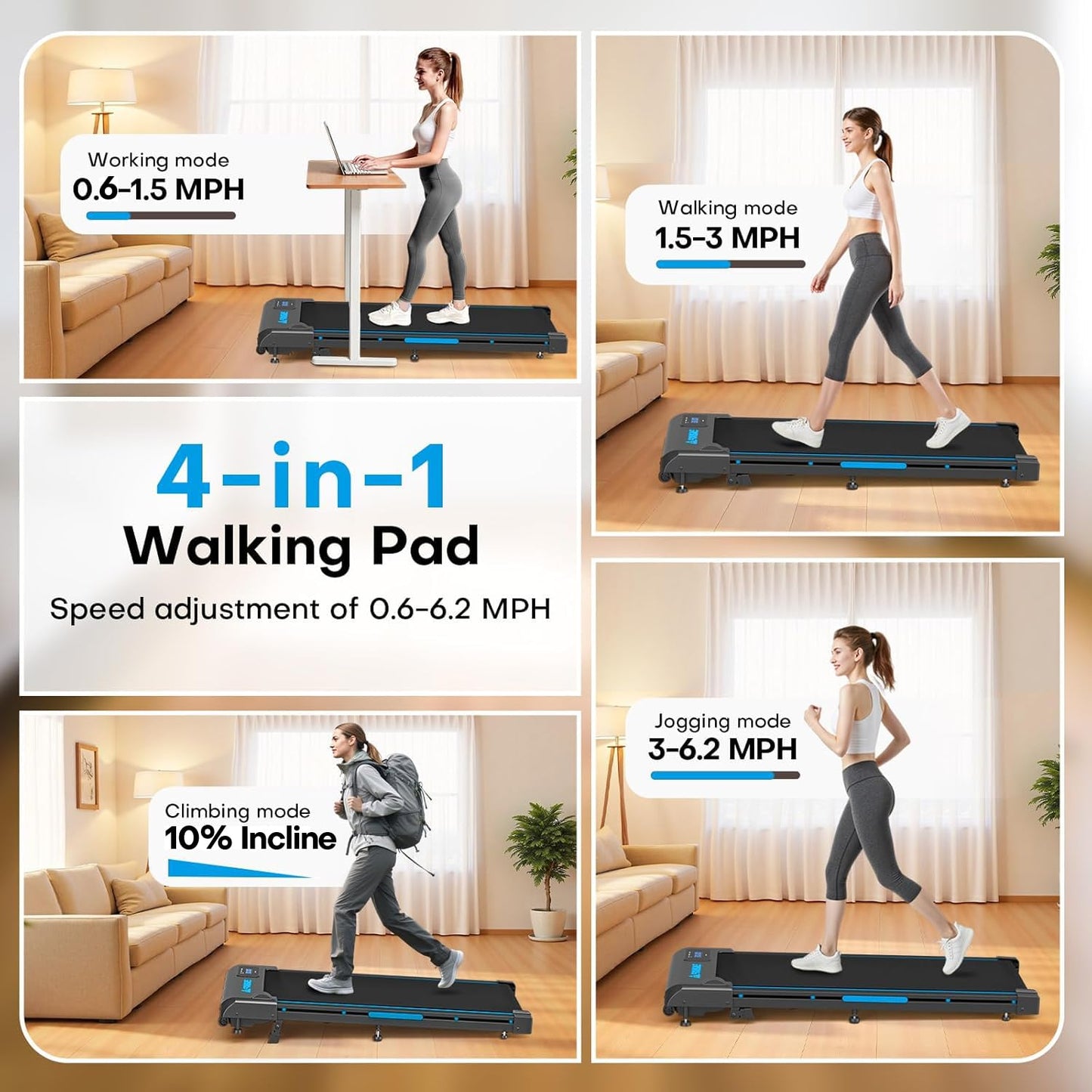 FOUSAE Walking Pad Treadmill, 6.2MPH Under Desk Walking Pad with 10% Incline, Treadmills for Home with Double Frame, 2.75HP Brushless Drive, 12 HIIT Programs, Remote Control, 350LBS Capacity