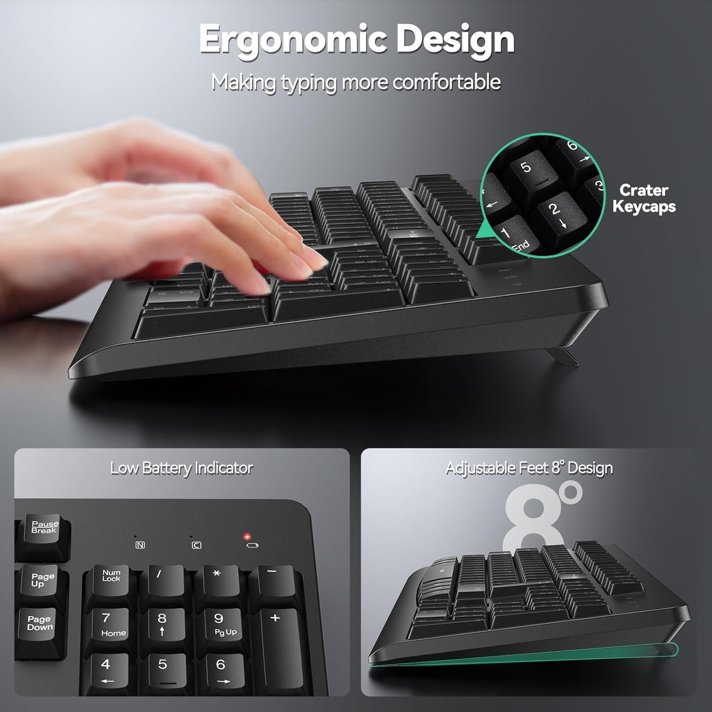 TECKNET 2.4G 11/10/8/7 Wireless Keyboard, Silent Full-Size USB Keyboard with Number Pad, Ergonomic Keys & Adjustable