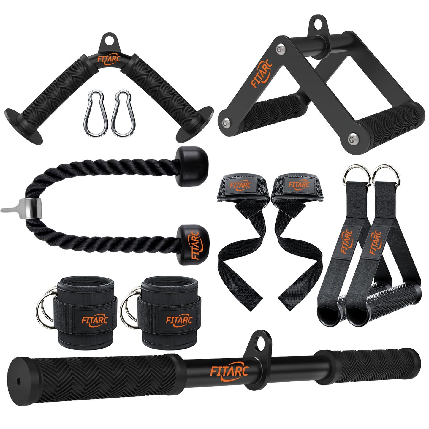 Fitarc Cable Machine Attachment Set for Home Gym, LAT Pulldown & Tricep Pushdown Attachments with D Handle, V Bar, Tricep Rope, Straight Bar, Stirrup Handles, Ankle Strap & Lifting Straps