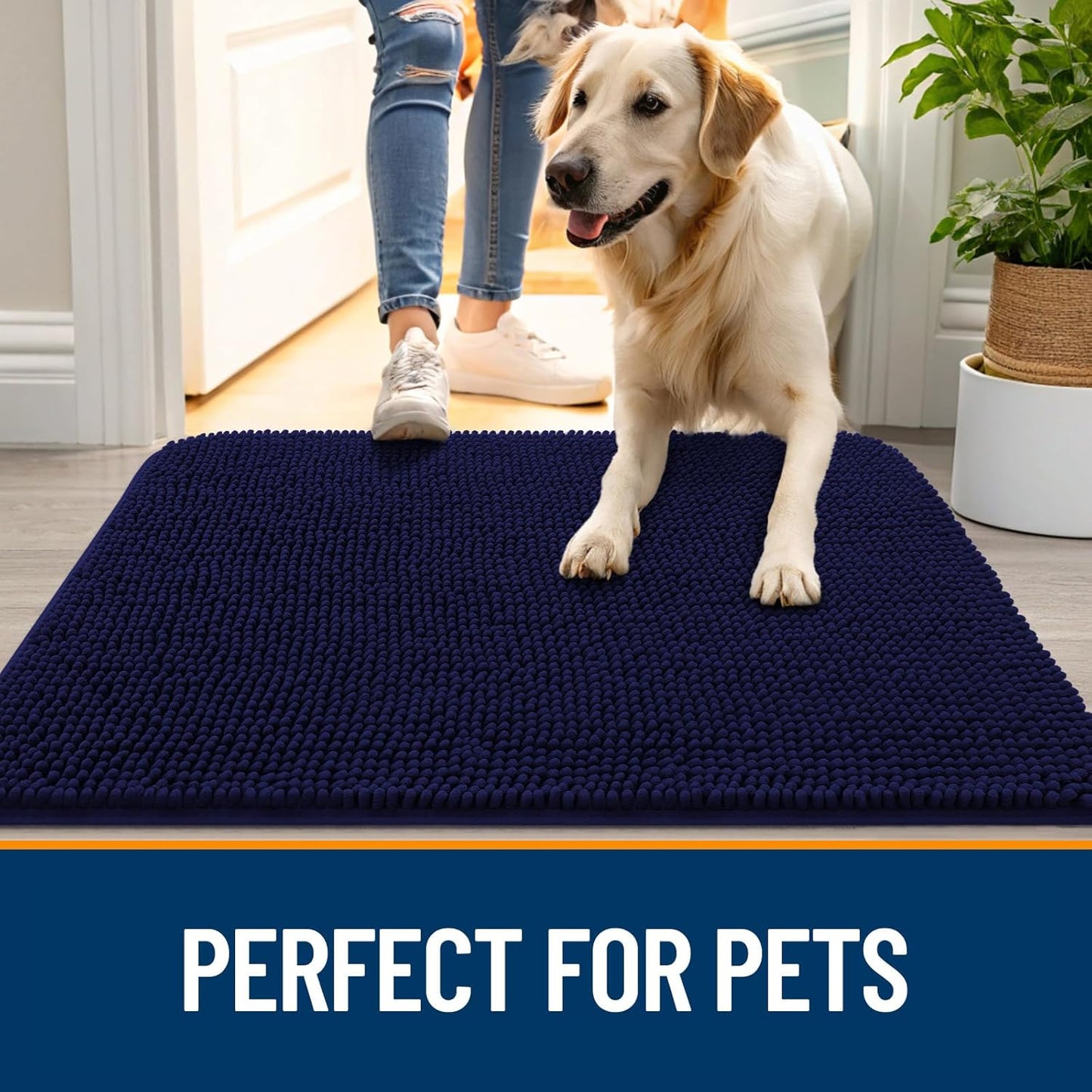 OLANLY Dog Door Mat - Absorbent Non-Slip Washable Chenille Mat for Muddy Paws | 48x30, Navy Blue