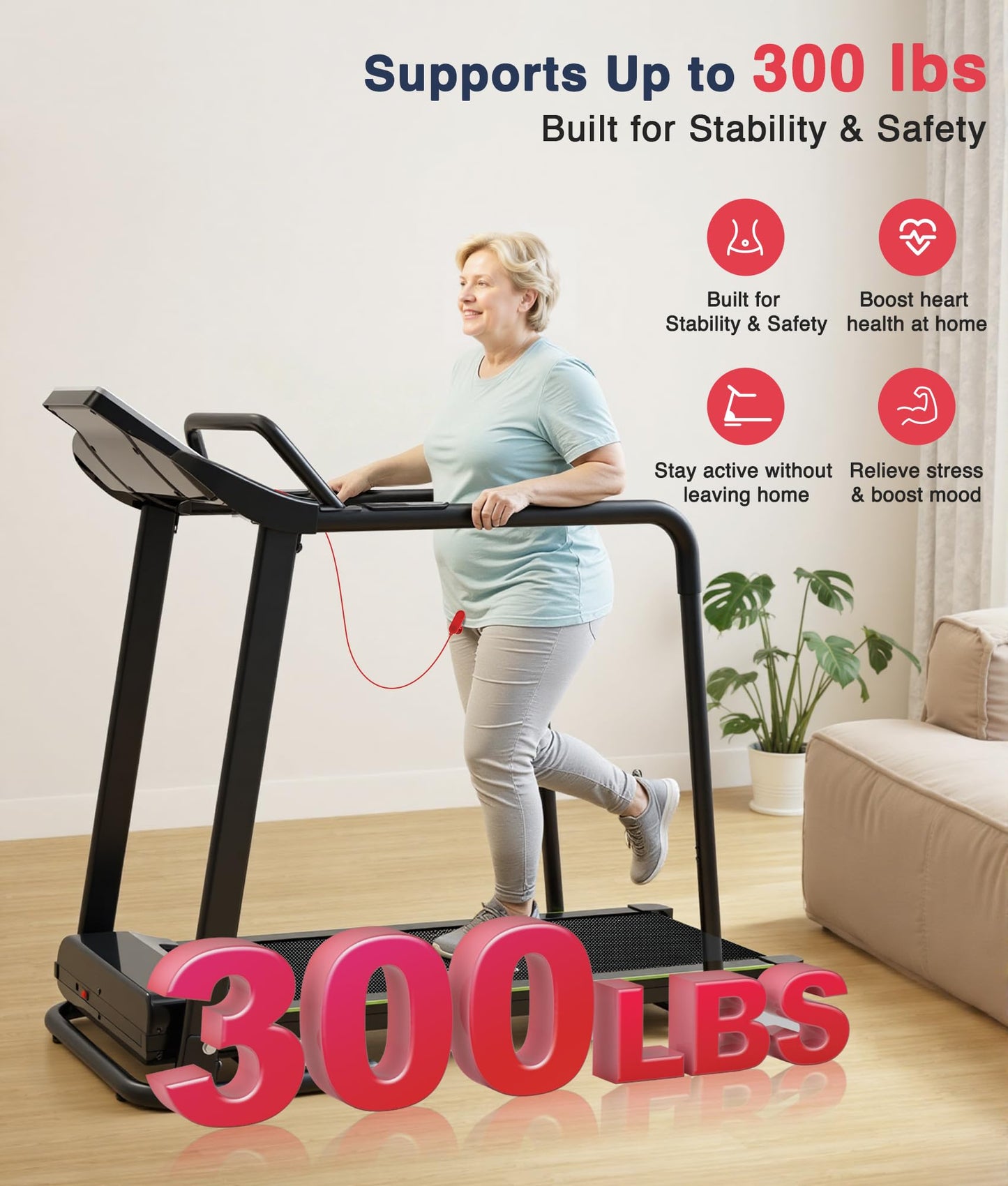 Redliro Treadmill for Seniors Slow Walking - 0.3mph Start, Front & Long Handrails - Foldable Recovery Flat Treadmill for Elderly, Auto Lubrication, 3-Level Incline for Home Use