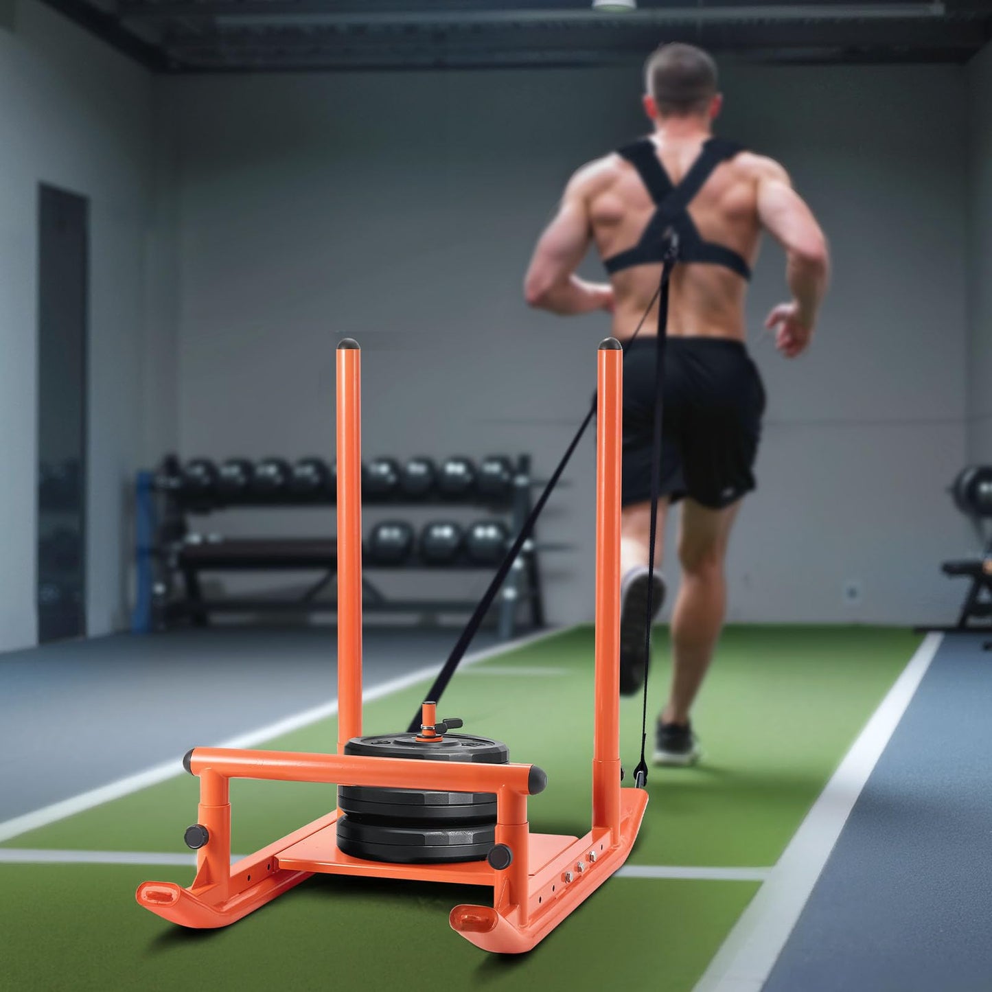 VEVOR Weight Sled, Fitness Strength Training Pull Push Running Sled, Fitness Workout Sled Push Gym Equipment, with Handle, Compatible 1/2 in Weight Plates, Orange, Football Sleds and Chutes