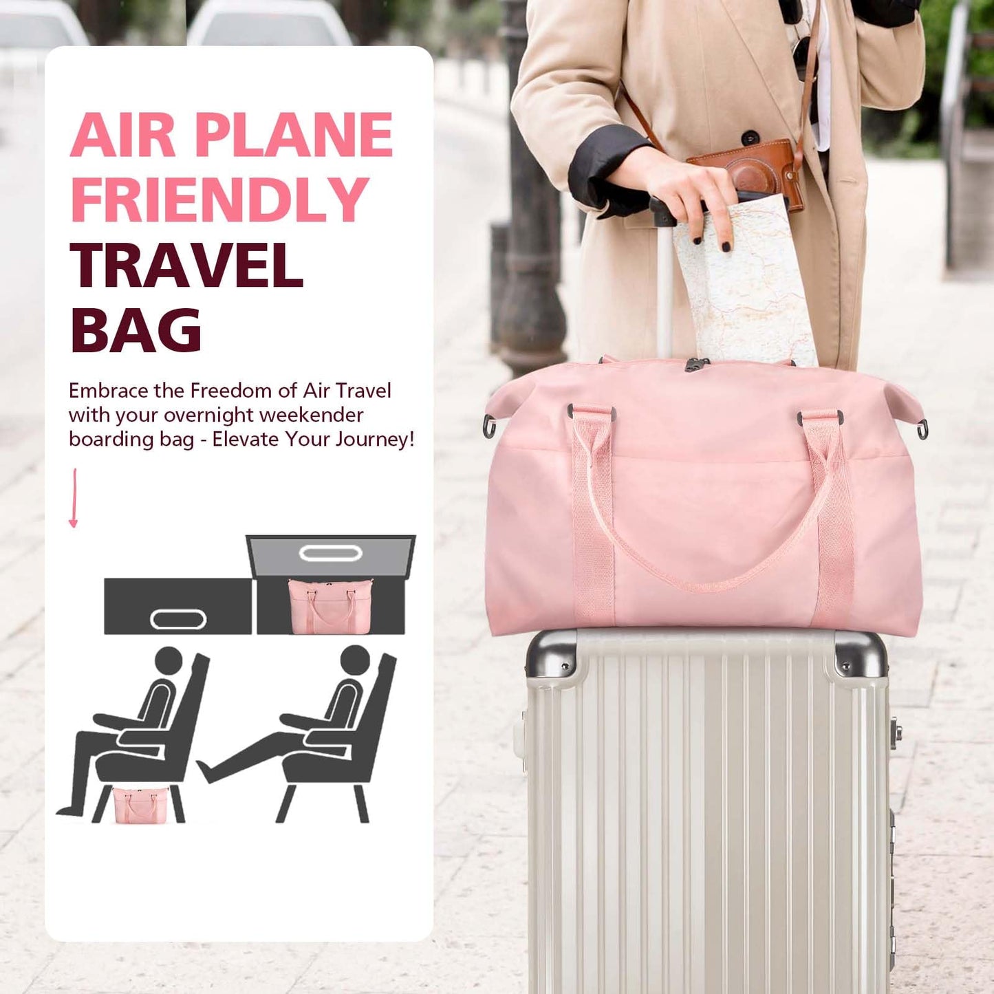 TOPBAG Travel Duffle Bag, Waterproof Weekender Carry On Tote Bags for Women, Sport Gym Bag for Men, Hospital Bag for Labor and Delivery, Overnight Luggage Bag with Trolley Sleeve Coral Pink