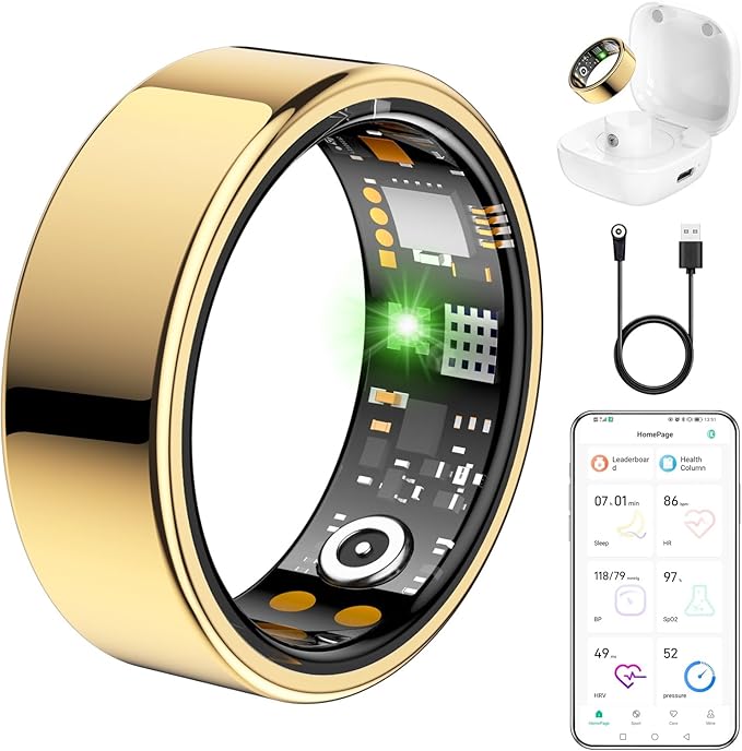 Ring Health Tracker for Women Men, Fitness Tracker with Heart Rate, Blood Oxygen, Sleep Monitor, Calories, Step Counter, IP68 Waterproof Smart Ring for iPhone & Android, No Subscription Fee (Gold, 9#)