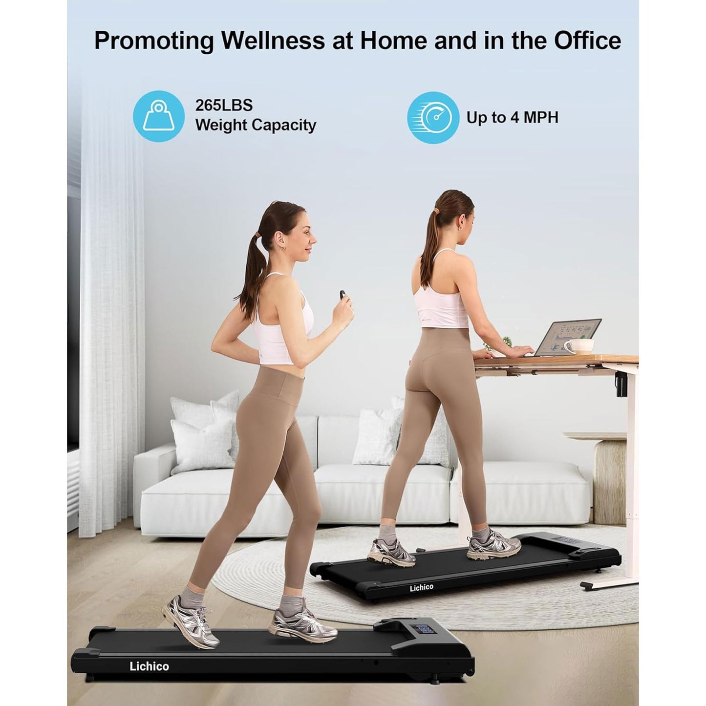 Lichico Walking Pad Under Desk Treadmill, Portable Small Treadmills for Home and Office, 2.5HP Super Quiet Brushless Motorized Walking Jogging Running Machine with Remote Control