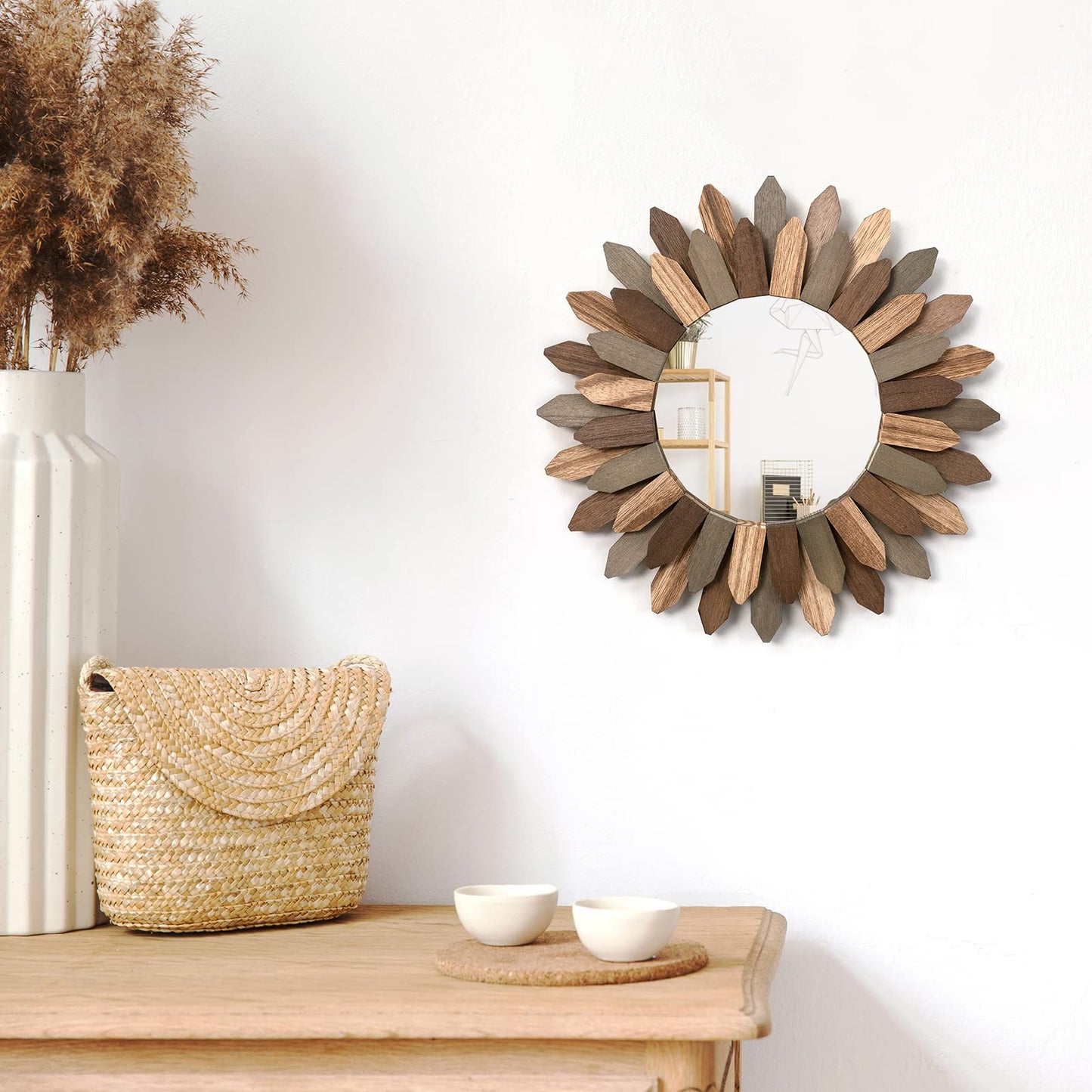 Honiway Boho Wall Decor 12 inch Decorative Mirror with Rustic Wood Sunburst Frame, Perfect for Bedroom, Living Room, Bathroom, Kitchen