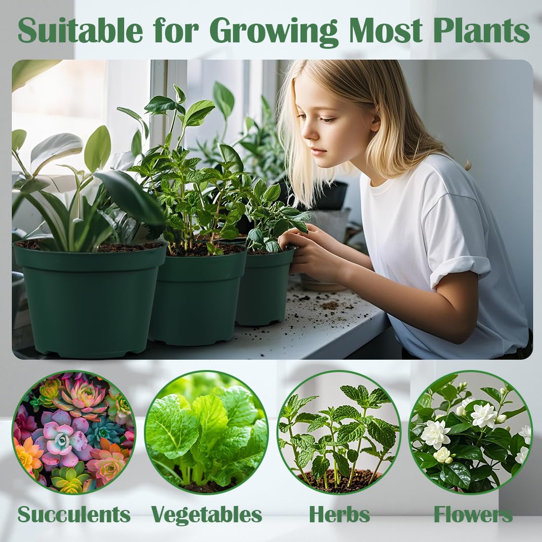 RooTrimmer 15 Pack 4/6/8 Inch Plant Nursery Pots, Sturdy Plant Pots with Drainage Holes, Ideal for Seedlings, Indoor/Outdoor Use, Green