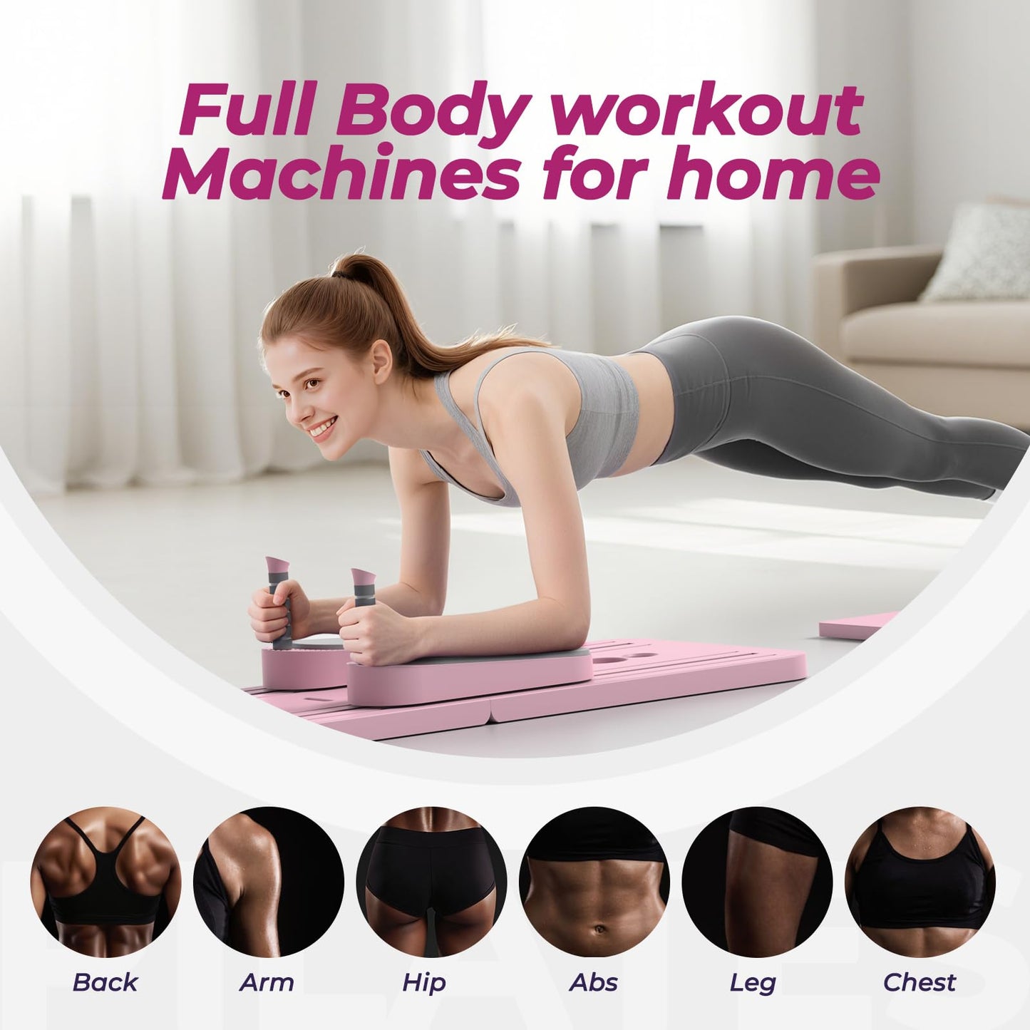 Multifunctional Pilates Board, Pilates Reformer Sets 7-in-1 Foldable Pilates Reformer Machine for Home Workout with Timer, Phone Holder, Push-up Bar, Ab Board, 330LBS Capacity Portable Set, Pink