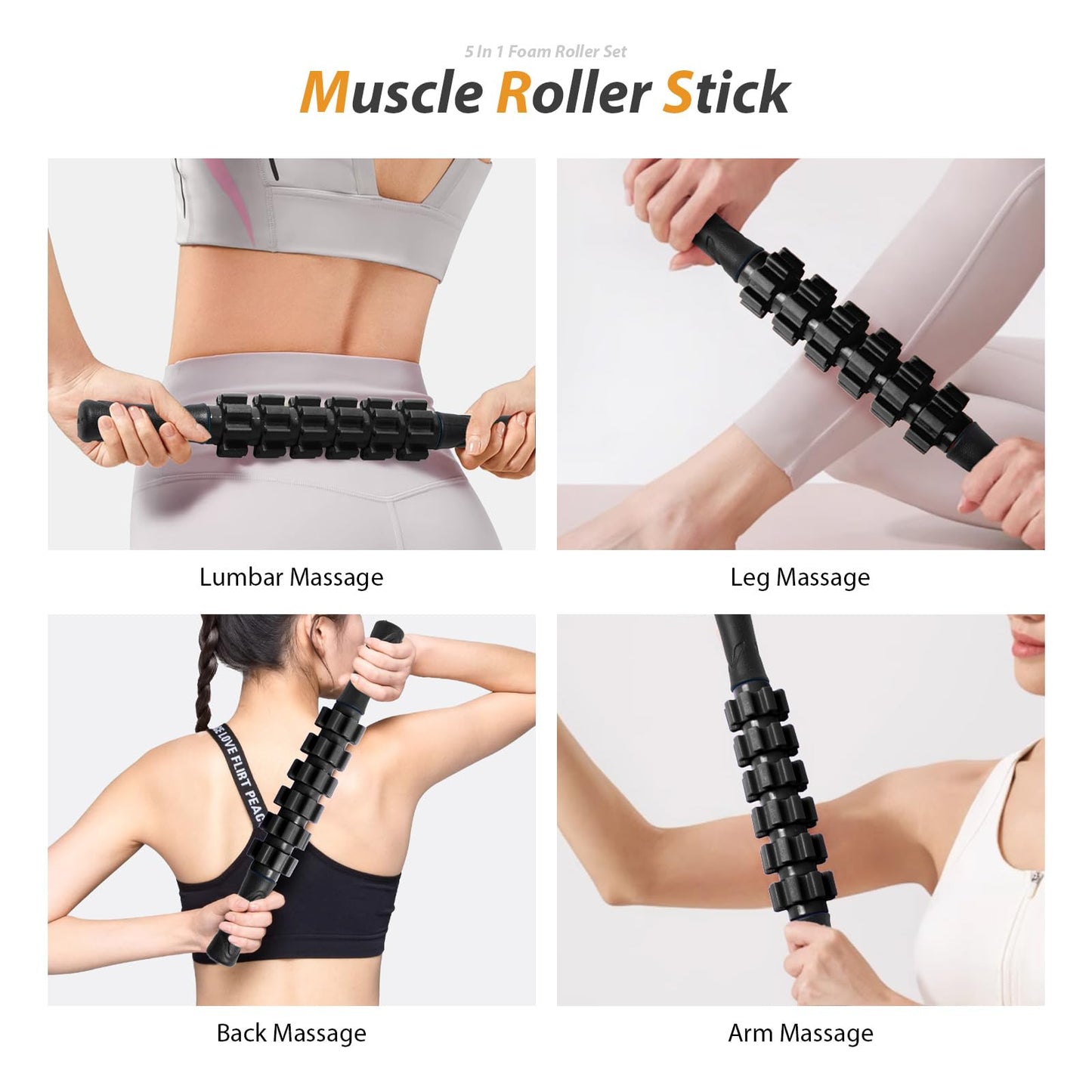 5 in1 Foam Roller Set, Trigger Point Foam Roller, Massage Roller Stick, Massage Ball, Resistance Band for Deep Muscle Massage Pilates Yoga,Fitness Exercise for Whole Body (Black-Red)