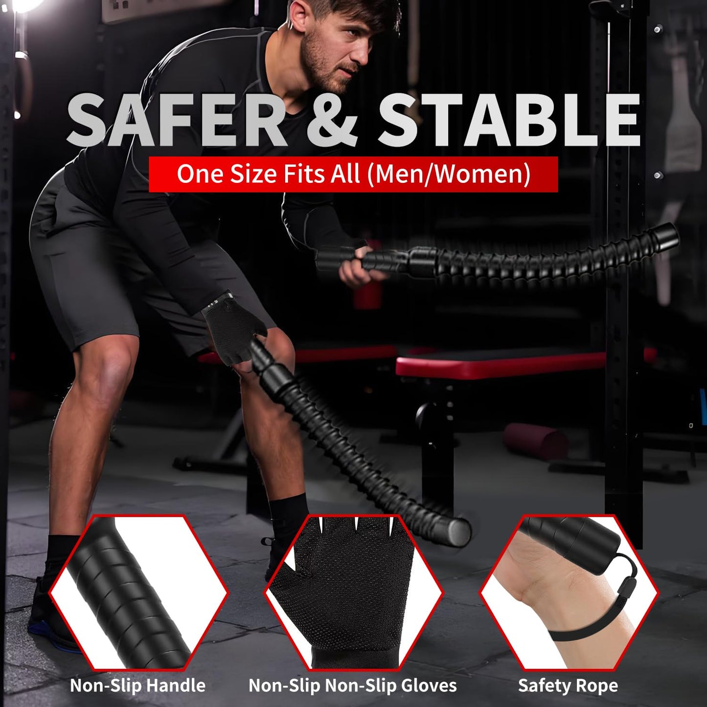 Weighted Ropeless Battle Ropes, Heavy Duty Portable Cordless Battle Ropess for HIIT Workouts, Cardio & Muscle Training, Low-Impact Cardio Training for Men & Women with Non-Slip Gloves