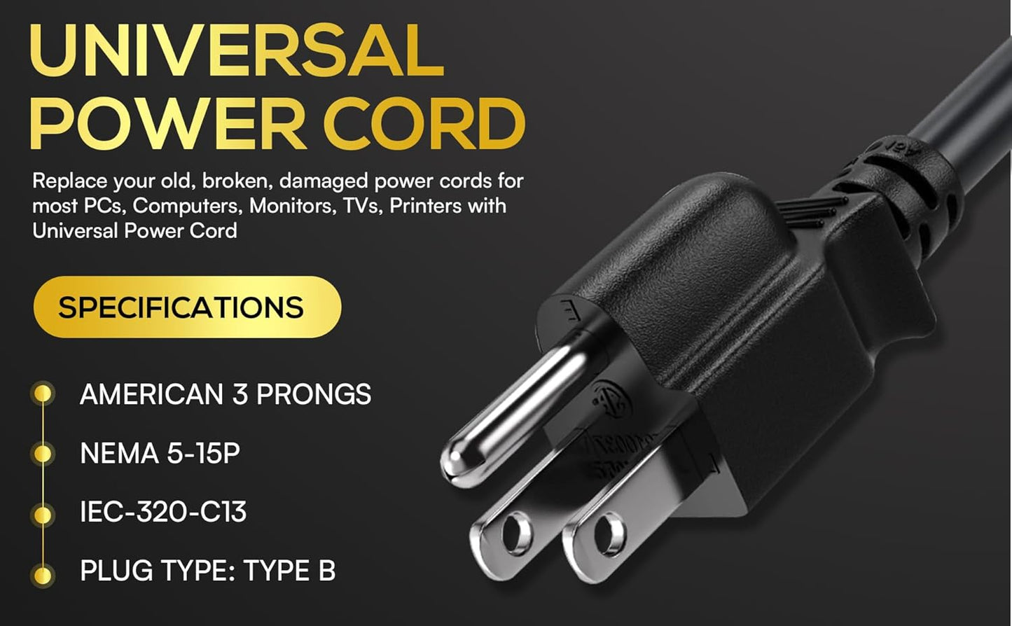 Cable Leader 2ft 18 IEC320 C13 5-15P, AWG Universal Power Cord to NEMA Extension Power Cord, Compatible with Computers