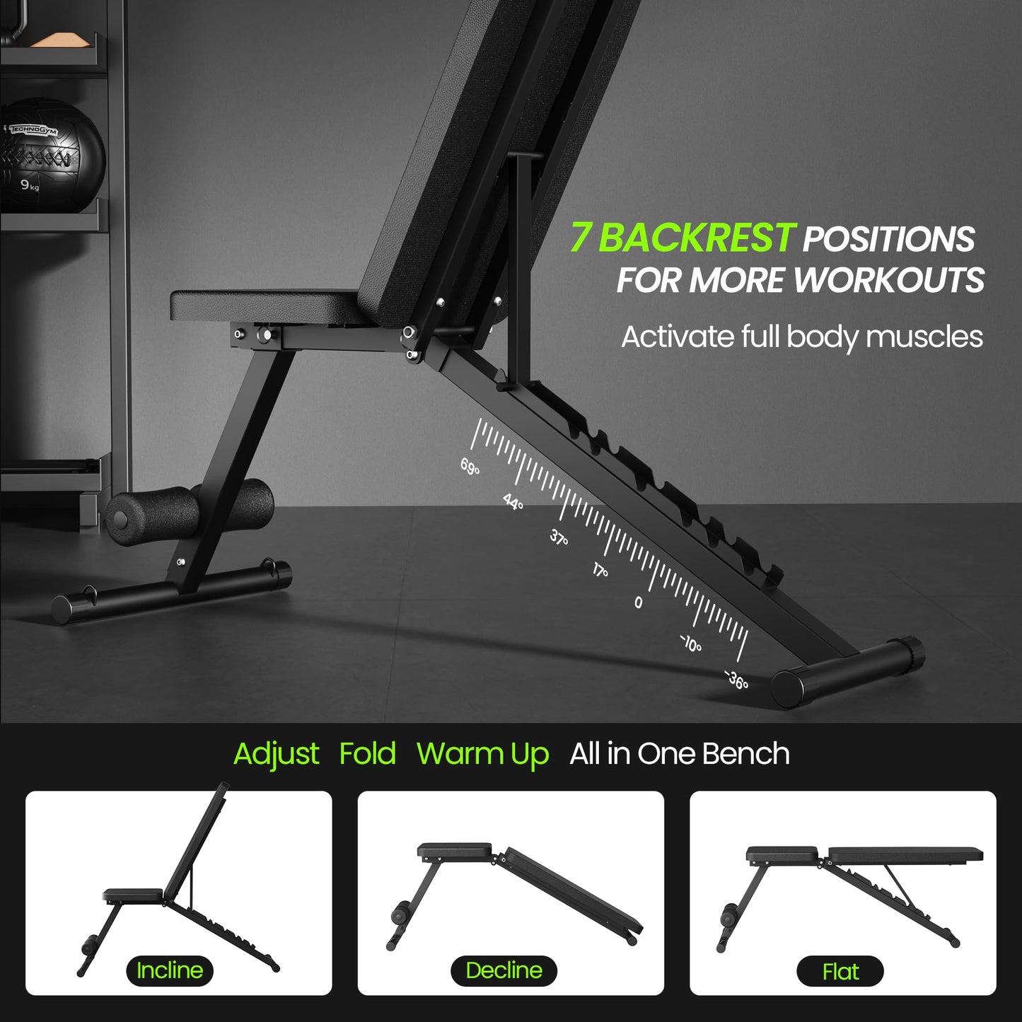 Adjustable Weight Bench for Home Gym, Foldable Workout Bench for Full Body Fitness Dumbbell Exercise, 600LBS Incline Decline Flat Bench with Resistance Bands for Strength Training