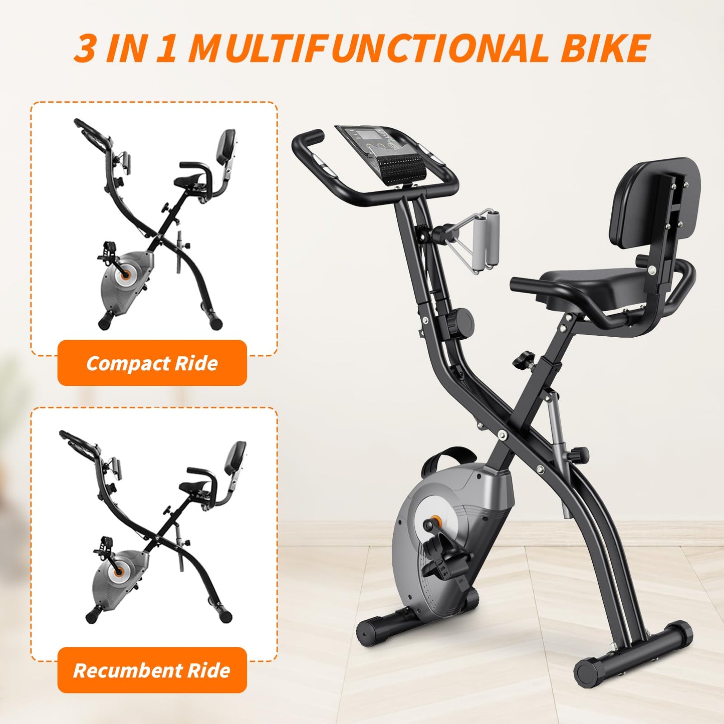 ATIVAFIT 3-in-1 Foldable Exercise Bike for Home, Upright & Recumbent Indoor Bike with 8-Level Magnetic Resistance, Resistance Bands, Quiet Cardio, Adjustable Seat
