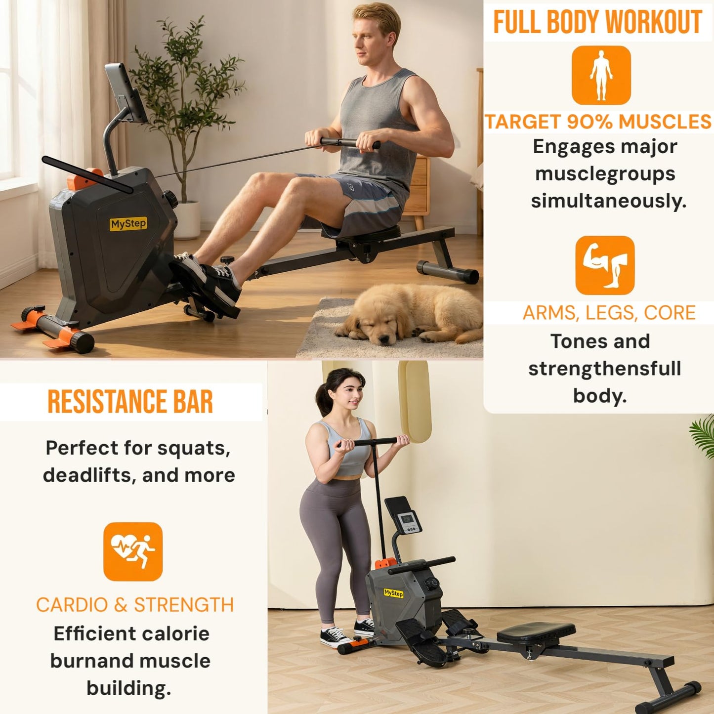 CUDOEEAI Magnetic Rowing Machine for Home, Quiet Foldable Rower with 8-Level Resistance, 2-in-1 Strength Training, LCD Monitor & Tablet Holder, Full-Body Low-Impact Cardio Workout Equipment (DR1000)