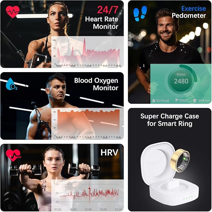 Health Tracker Ring, Smart Health Ring for Women Men with Heart Rate, Blood Oxygen, Sleep Monitor, Steps,Calories, No Subscription Fee, IP68 Waterproof Smart Ring for iPhone & Android (Gold, 13#)