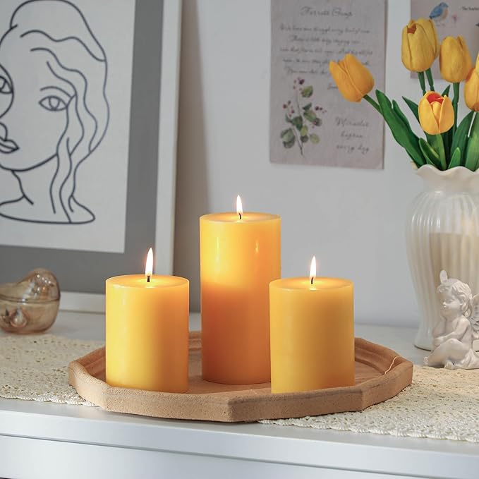 3x4 Inch Yellow Pillar Candles Set of 3 - Decorative Unscented Pillar Candle, Long Burning Dripless Candle for Table Decor, Smokeless Large Pillar Candles for Wedding Table Decor