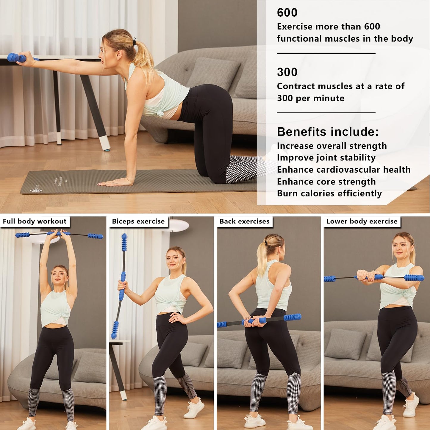 OSCILLATING SLIM Fitness Bar for Workout,Elastic Exercise Bar, Vibration Weight Stick,Body Physical Therapy,Core Strength Training,Arm Shoulder Stretch At Home Gym.