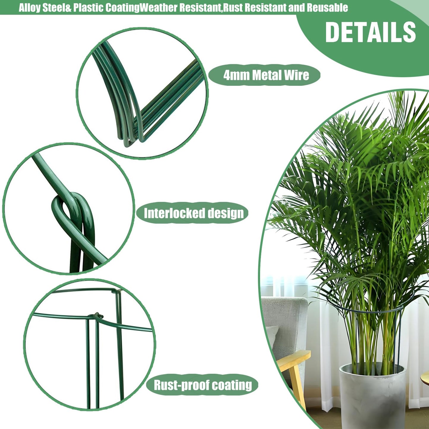 LINGHUI 6 Pack Plant Support Stakes, 10" Wide x 16" High,Heavy-Duty Half Round Peony Support Ring and Cage for Indoor and Outdoor Plants, Peony, Tomato, Hydrangea, Rose(100 Plant Ties)
