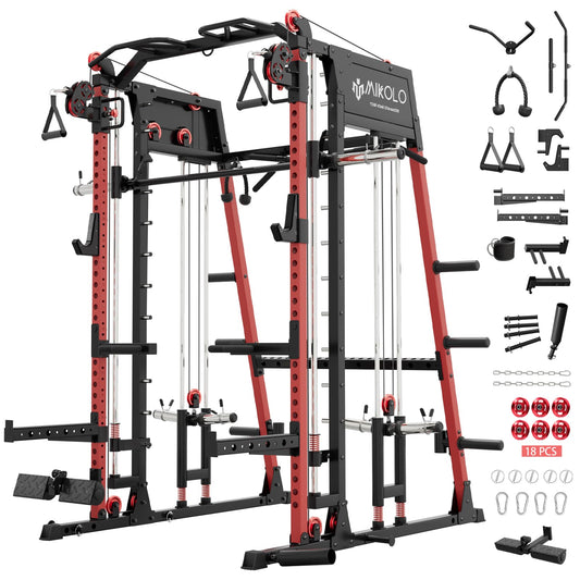 Mikolo M4 2.0 Ultra Smith Machine with Aluminum Pulles, All-in-One Home Gym Power Cage with LAT Pulldown & Cable Crossover, Squat Rack for Full Body Workouts (Red)