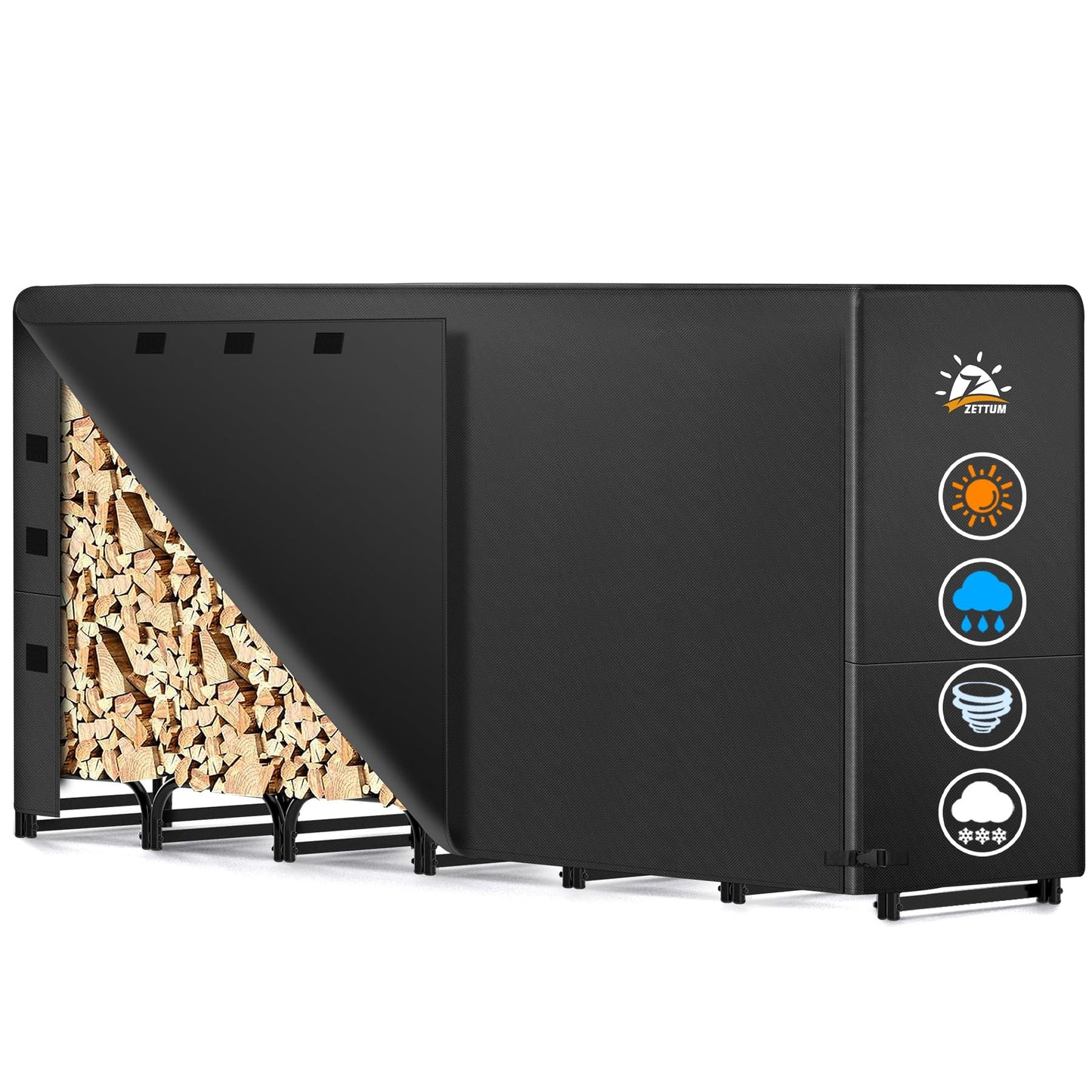 Zettum 8ft Firewood Log Rack - Outdoor Wood Stand Holder, Heavy Duty Metal Fire Wood Pile Organizer with Cover for Fireplace Storage (96 x 14 x 48 Inch)