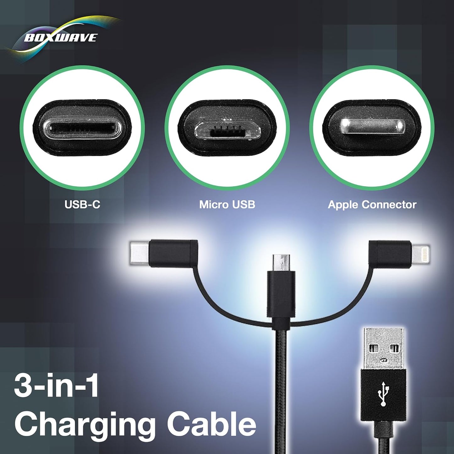 BoxWave MP3 (2.4 3-in-1 Cable Compatible with Safuciiv Player in) - AllCharge Cable - Jet Black