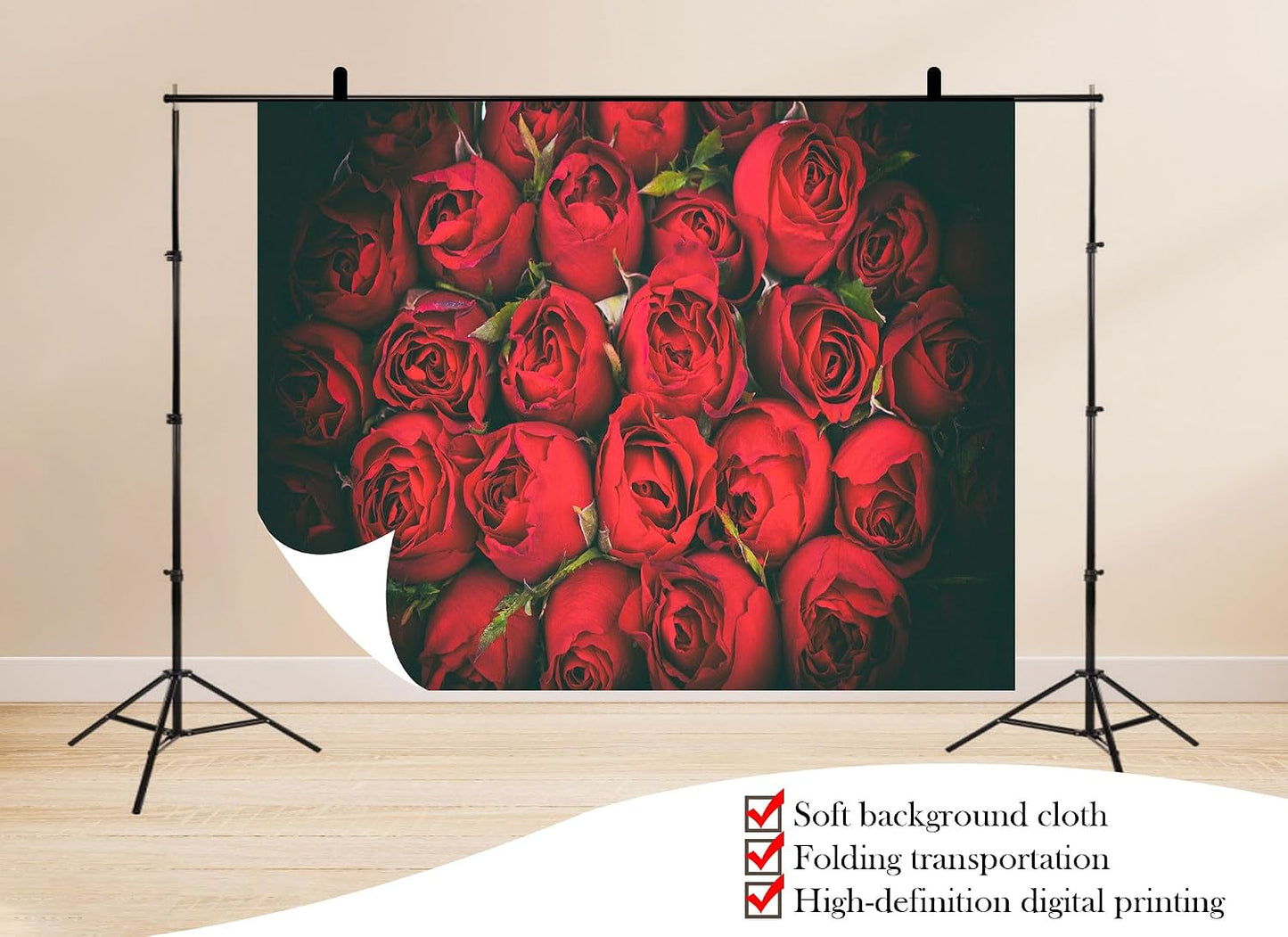 UPXIO 8x8ft Dense Red Roses Bouquet Backdrop Romantic Floral Deep Red Petals Photo Background Tapestry for Wedding