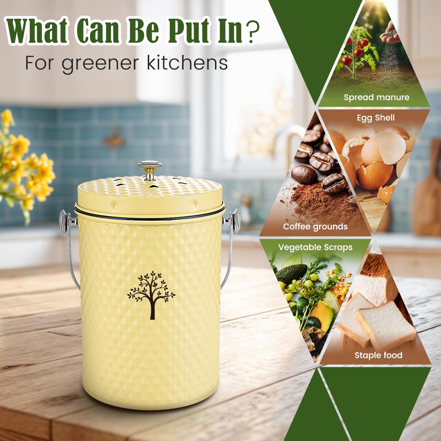 AOSION Countertop Compost Bin Kitchen,Odor Resistant Indoor Compost Bin with Lid and Compost Bags,Compost Bucket Composter Container for Food Waste,Yellow