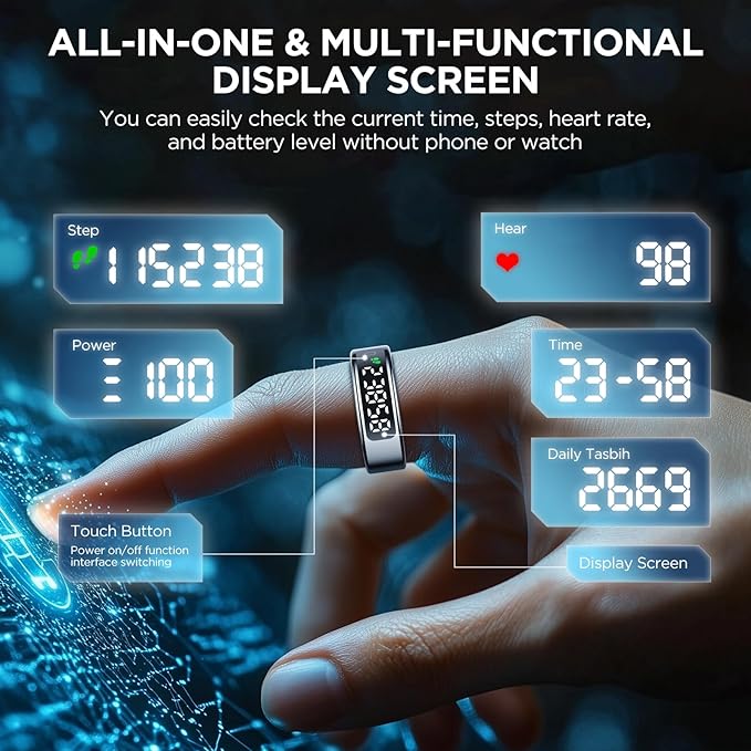 Smart Rings for Men with Display Screen, Fitness Ring with Wireless Charging, Sleep Tracker Ring with Heart Rate, Health Rings for Activity Monitoring/Steps/Calories, for iOS Android (Black,10#)