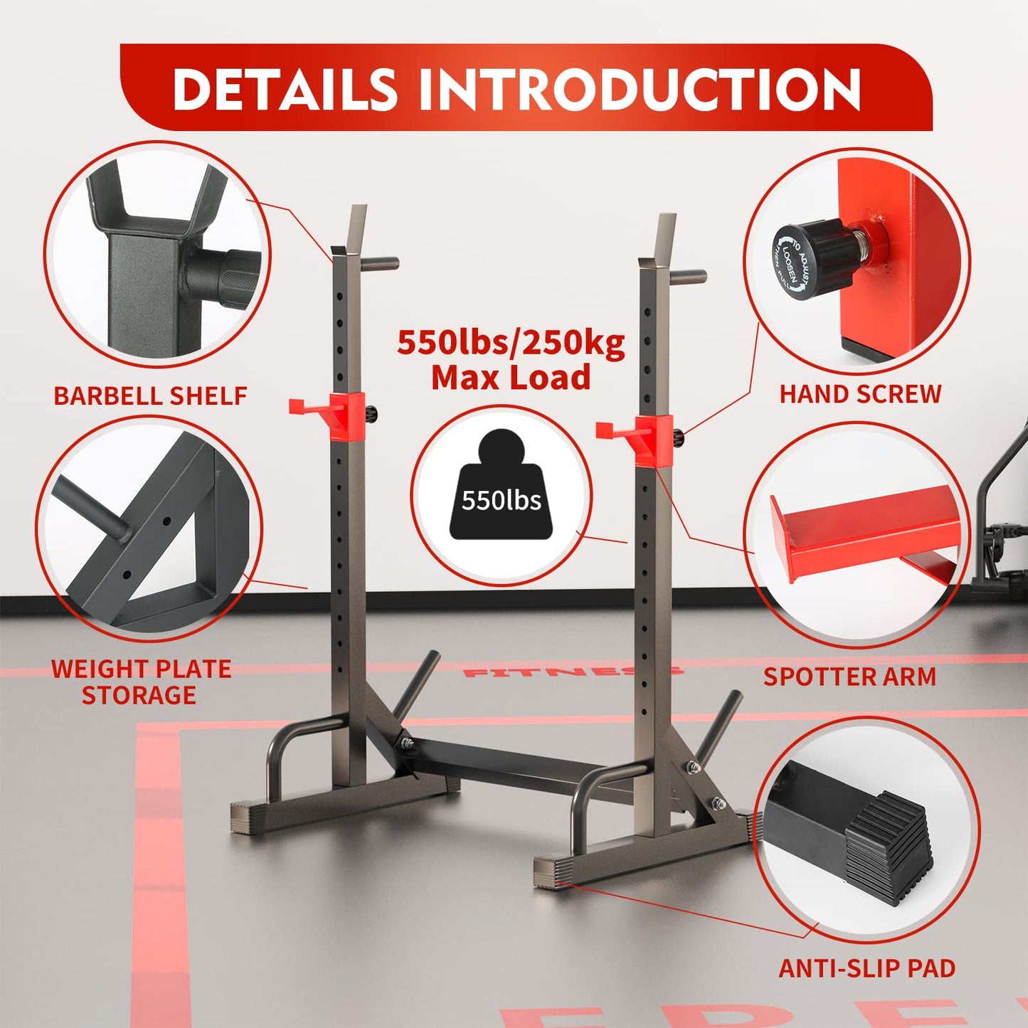 FONBEAR Adjustable Squat Rack, Barbell Rack, Bench Press 550 LBS Max Load Multi-Function Home Gym Weight Lifting Dumbbell Racks Stands - Great for Beginners and Professional Use