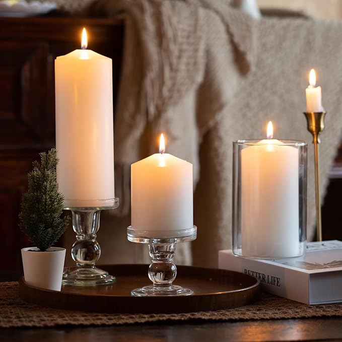 MOZEAL 3" x 8" Hand-Poured Unscented Candles,Large White Pillar Candles Set of 2,No Drip,Approx 120 Hours Long Burning,Wedding,Dinner,Christmas and Home Decor（3 Inch Diameter 8 Inch Height）