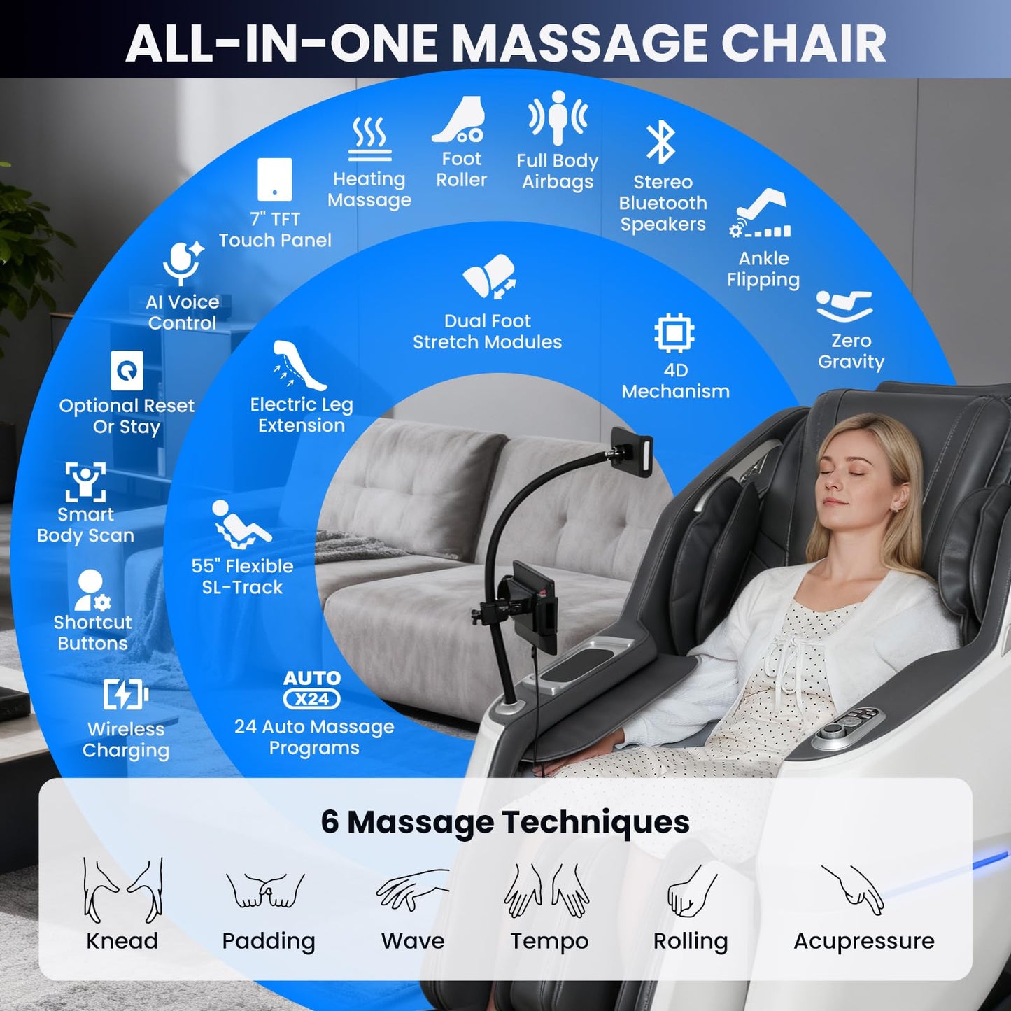 Notired 4D Massage Chair Full Body, Unique 2026 Space Walk & Ankle Stretch, Zero Gravity SL-Track Shiatsu Massage Chair Recliner with Electric Calfrest Extension & Foot Rollers, AI Voice, S002 White