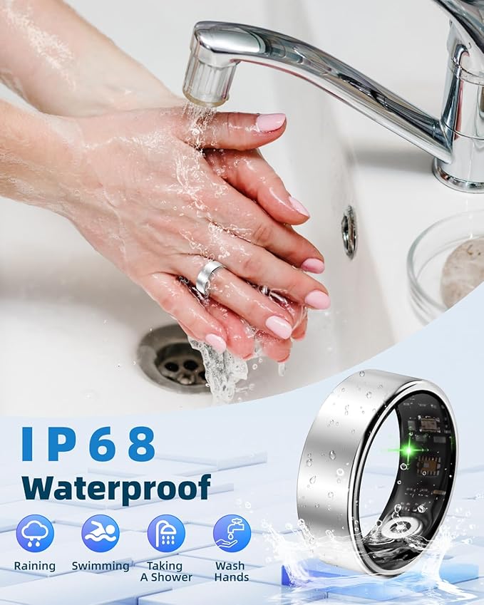 Smart Ring for Women Men Fitness Ring with Step Counting, Heart Rate, Blood Oxygen, Blood Pressure, Sleep Monitoring, IP68 Waterproof for iPhone and Android, No Subscription Fee,Silver 8#