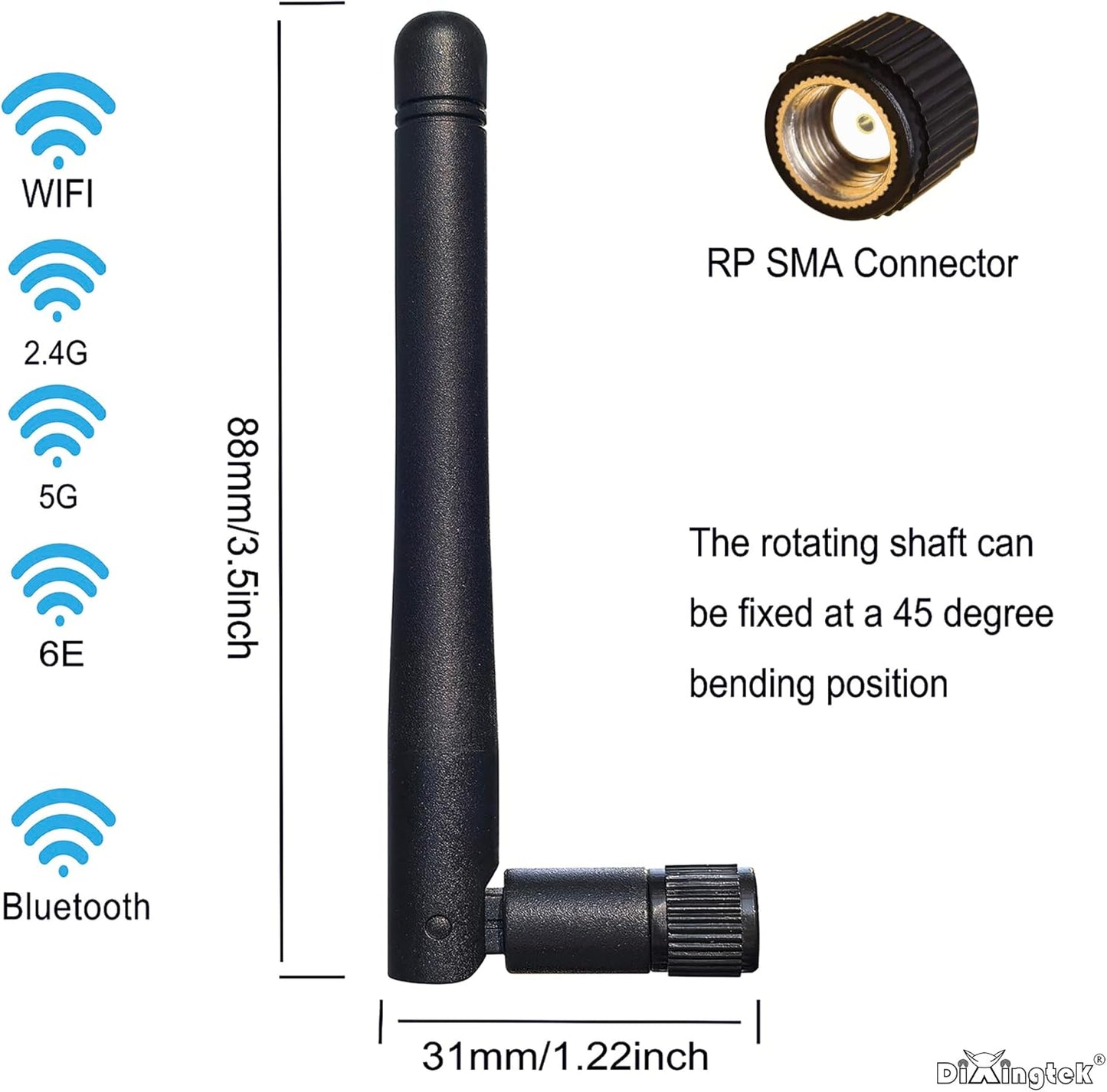 Dixingtek 6E 2.4GHz 5GHz 6GHz 2-Pack WiFi Tri-Band Bluetooth RP SMA Male Antenna, Compatible with WiFi Router Camera