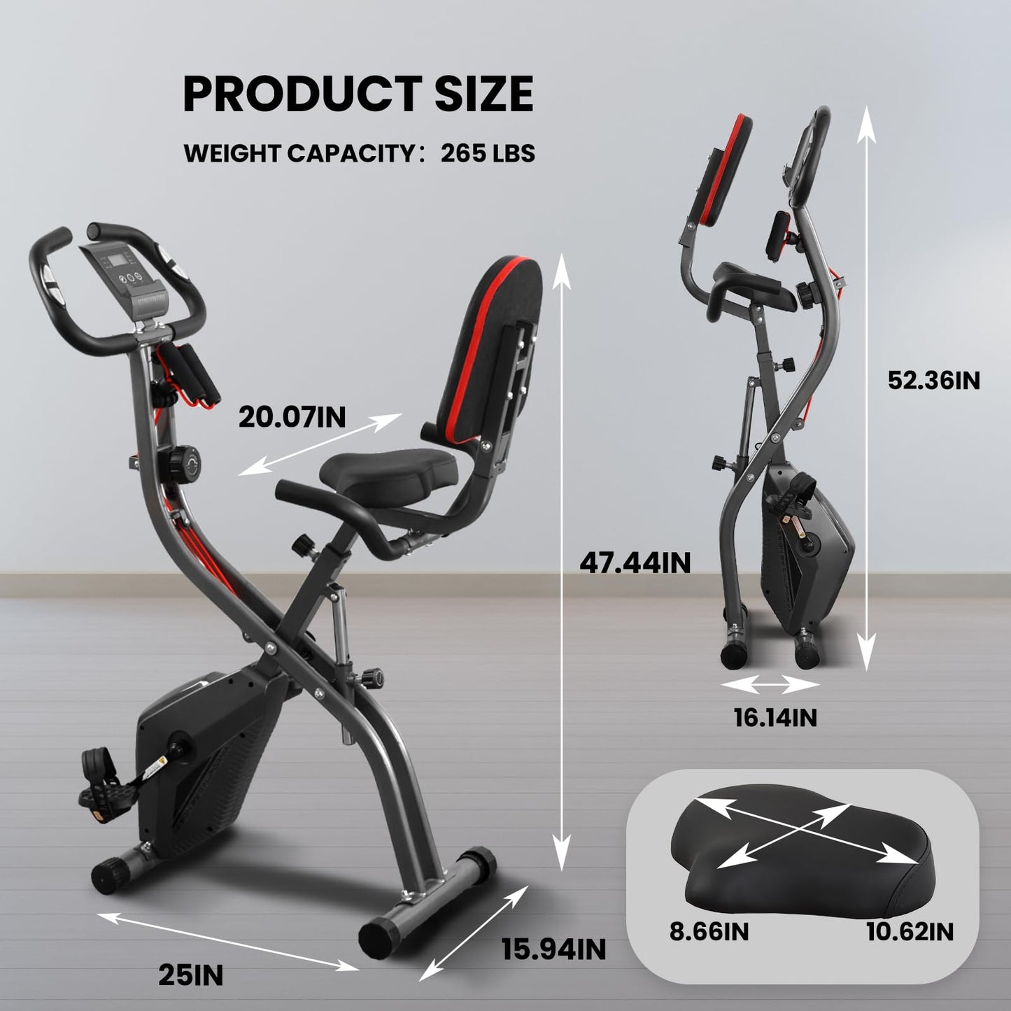 Exercise Bike, 4 IN 1 Stationary Bike, Foldable Folding Exercise Bike with 16-Level Magentic Resistance, Support Back Pad and Phone/Tablet Holder, Arm Resistance Band, Pulse Sensor, LCD Monitor for Home Workout 265LB Capacity