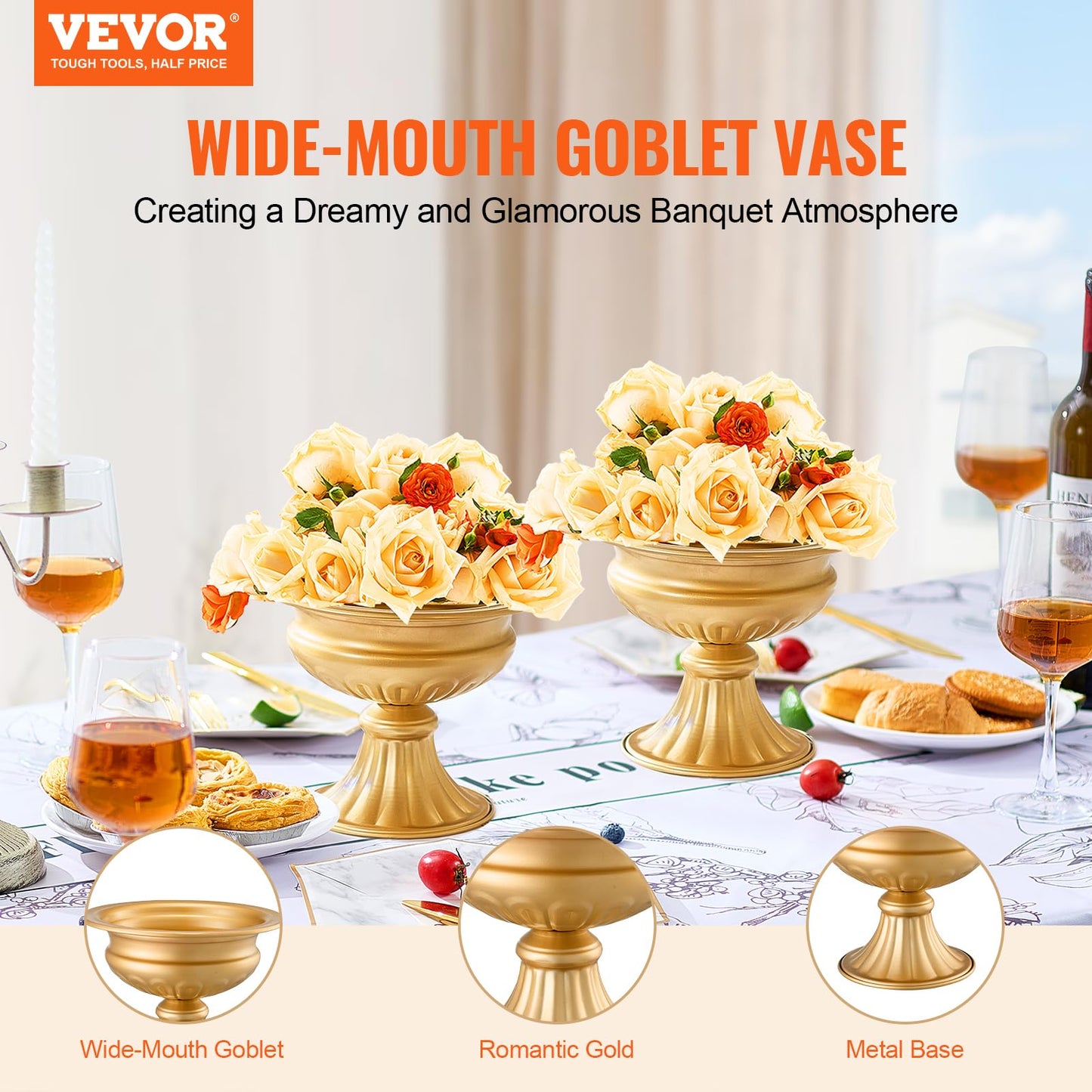 VEVOR 10PCS 16cm/6.3” Tall Wedding Flower Vase, Metal Wedding Centerpiece, Gold Floral Arrangement Stand Display Rack for Tables Wedding Dinner Party, Anniversary Ceremony Birthday Event Decor