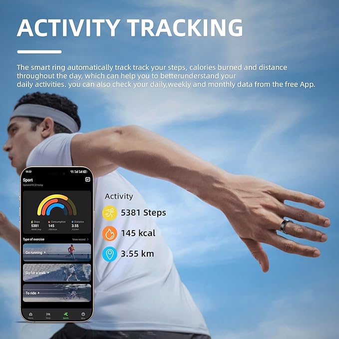 Smart Ring for Women Men, Health Fitness Tracker, 10ATM Waterproof Ring for iOS and Android, No Subscription Fee (Black, 8)